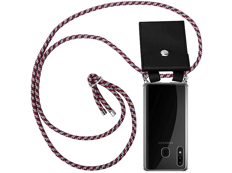 CADORABO Handy Kette mit Silber Ringen, Kordel Band und abnehmbarer Hülle, Backcover, Samsung, Galaxy A20 / A30 / M10s, ROT GELB WEIß | Handyketten