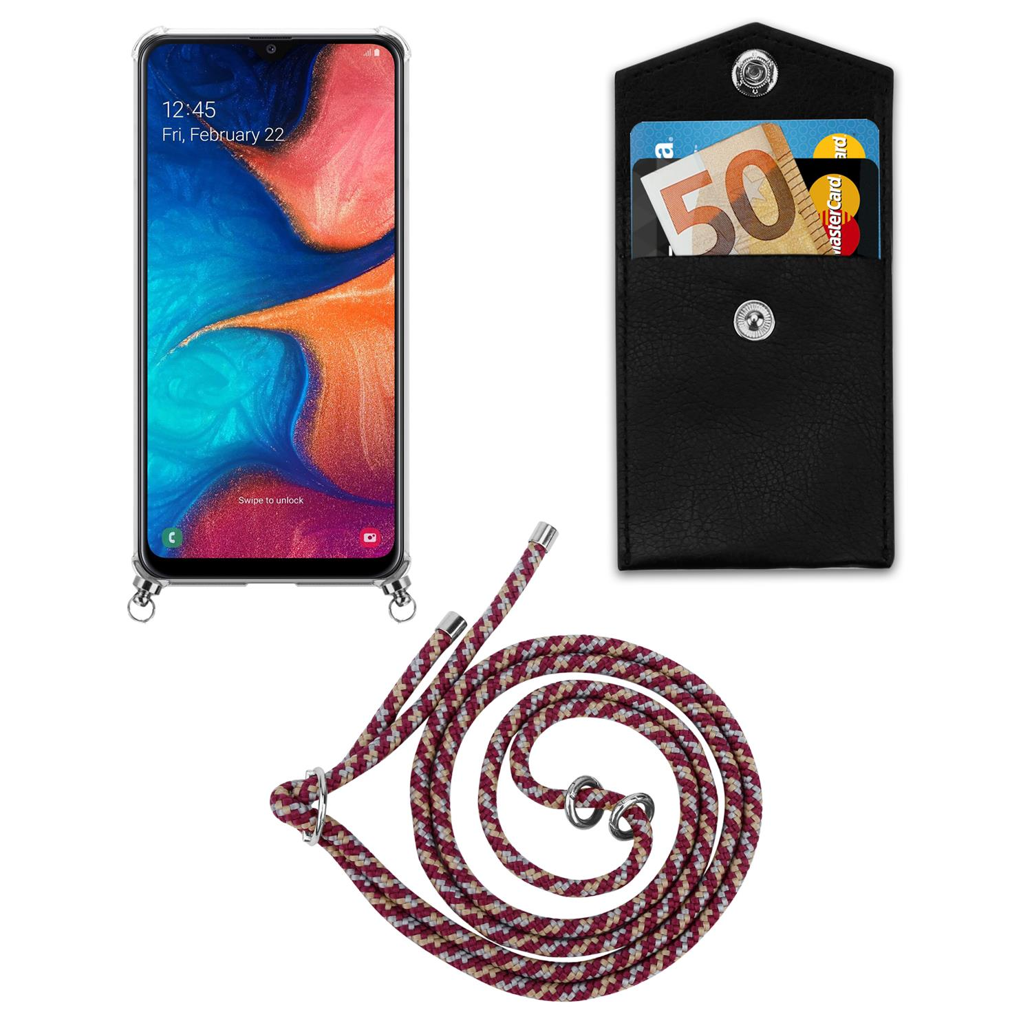 Un telefono con custodia e cordino con carte. È visibile un portafoglio nero.