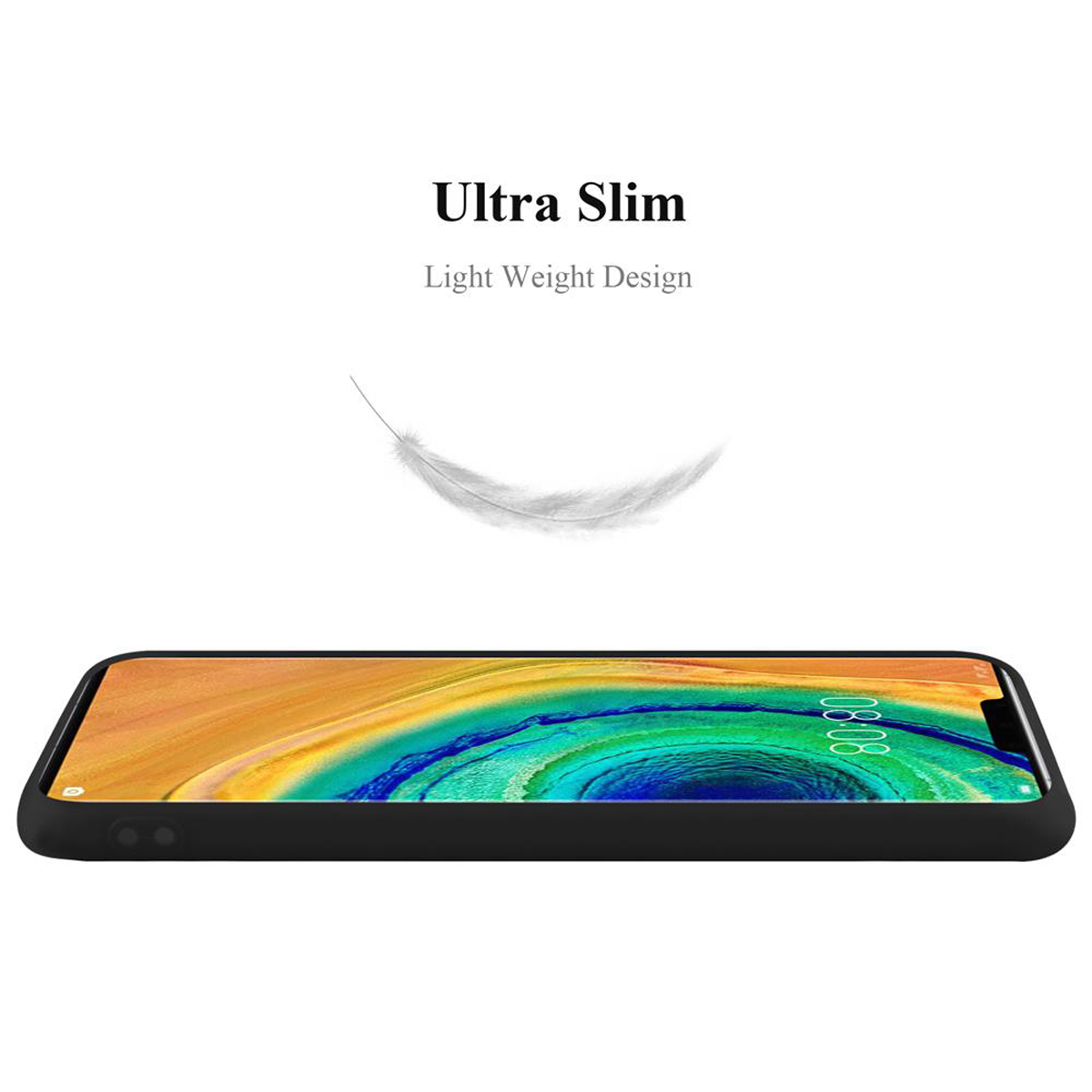 Custodia per telefono nera con un telefono all'interno. Piuma bianca che fluttua sopra il telefono. Testo: Ultra sottile, design leggero.