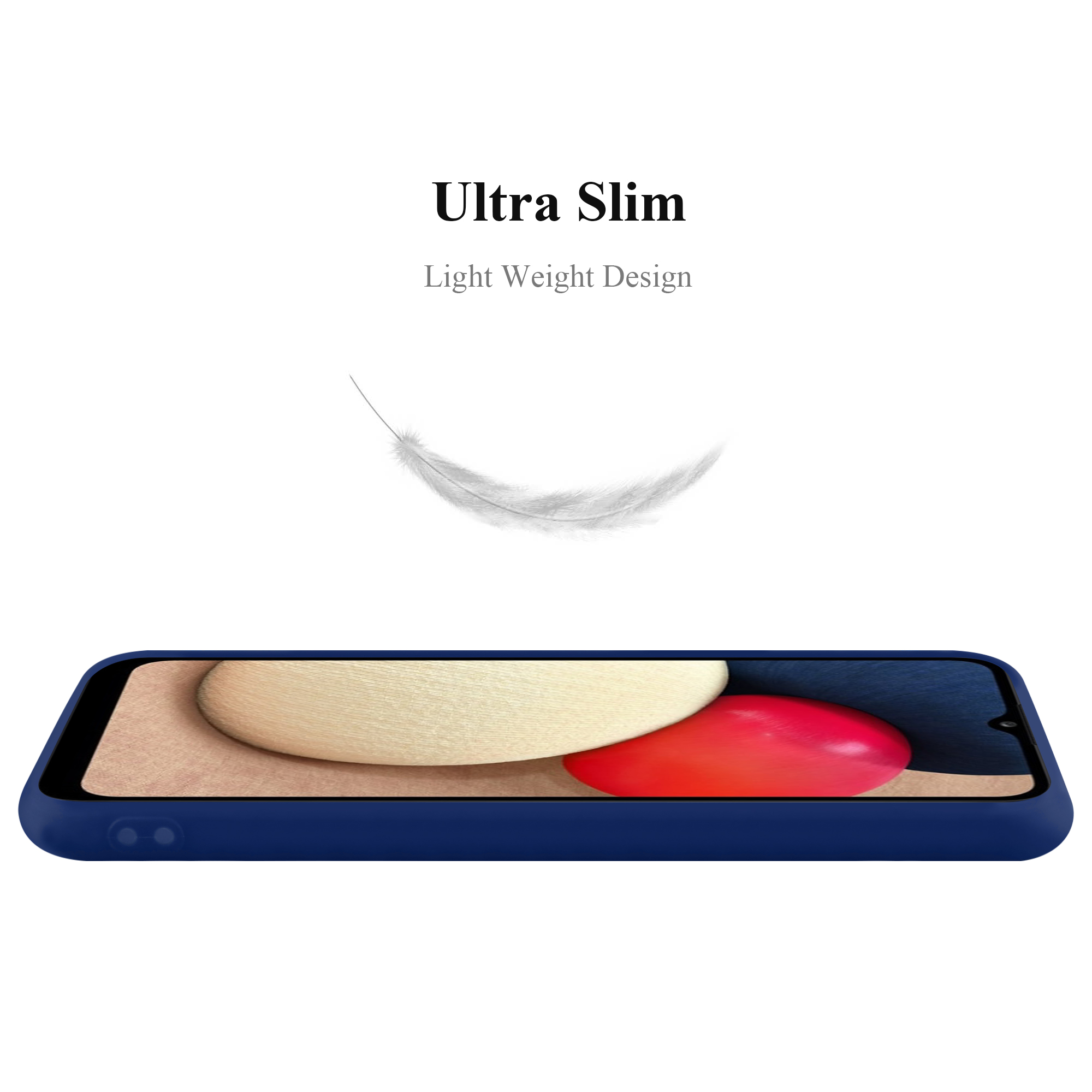 Una custodia blu con un telefono all'interno. Il testo "Ultra Slim" è sopra, con una piuma.