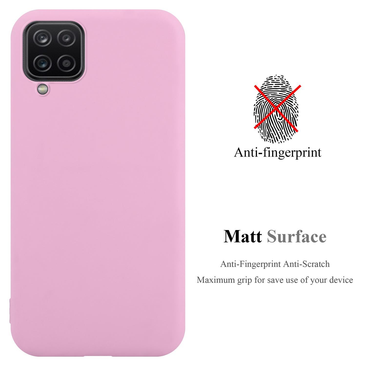 Custodia per telefono rosa. Anti-impronte digitali. Superficie opaca. Sfondo bianco. Testo sulla custodia.