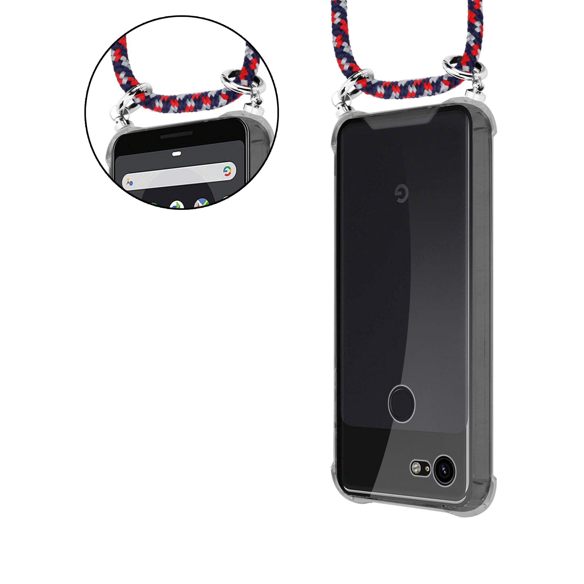 Telefon mit einer durchsichtigen Hülle und einem Lanyard. Das Telefon ist nah dran mit vergrößerter Ansicht.