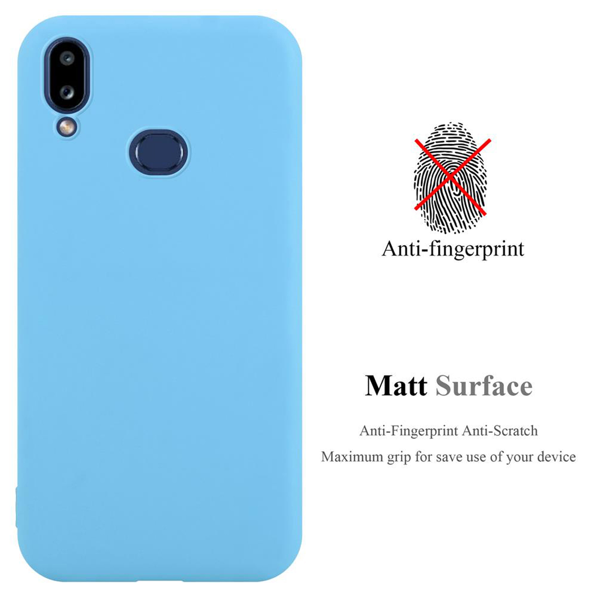 Custodia per telefono blu chiaro con testo. Il testo dice anti-impronte e superficie opaca con dettagli.