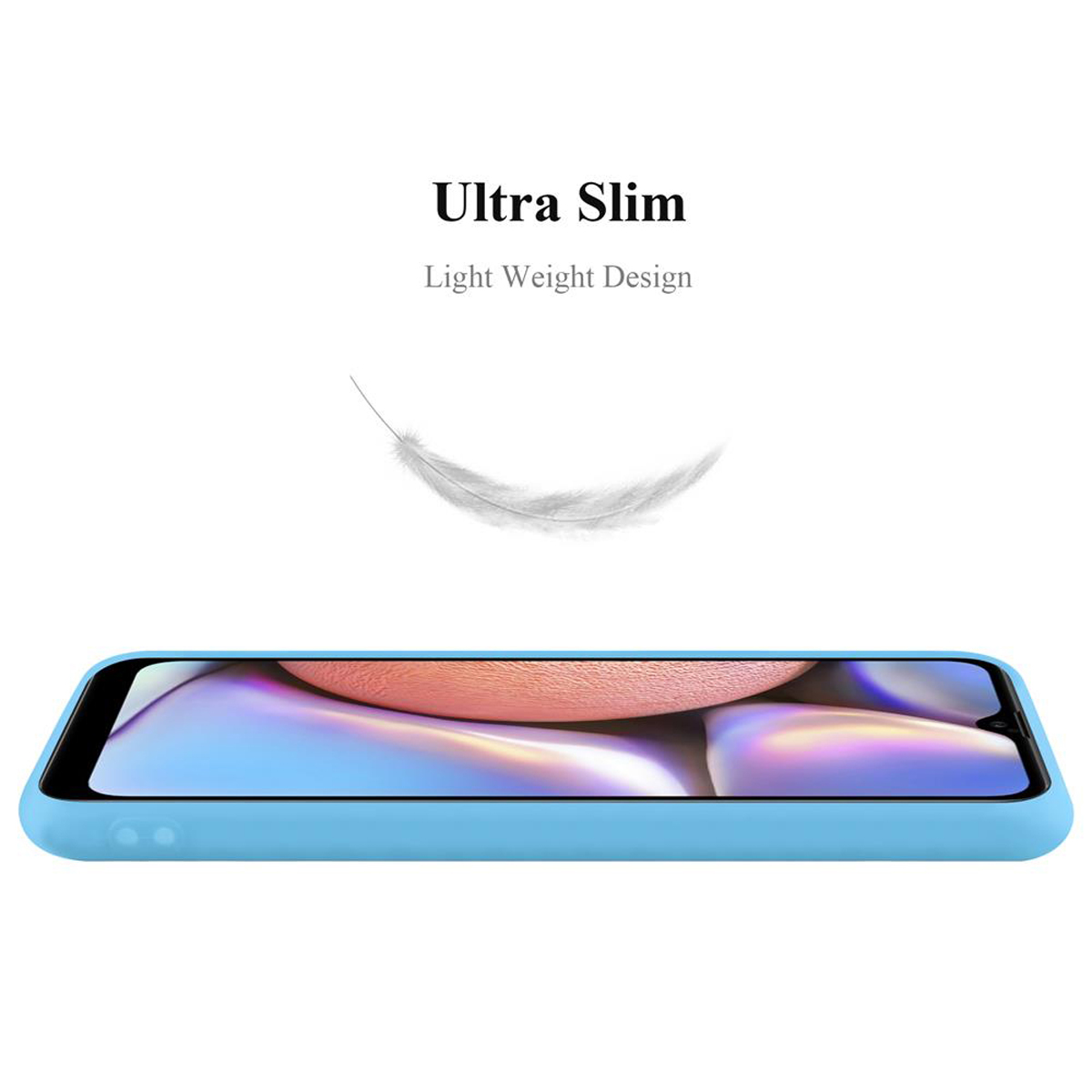 Custodia per telefono blu, testo "Ultra Slim, Light Weight Design". Sfondo bianco.