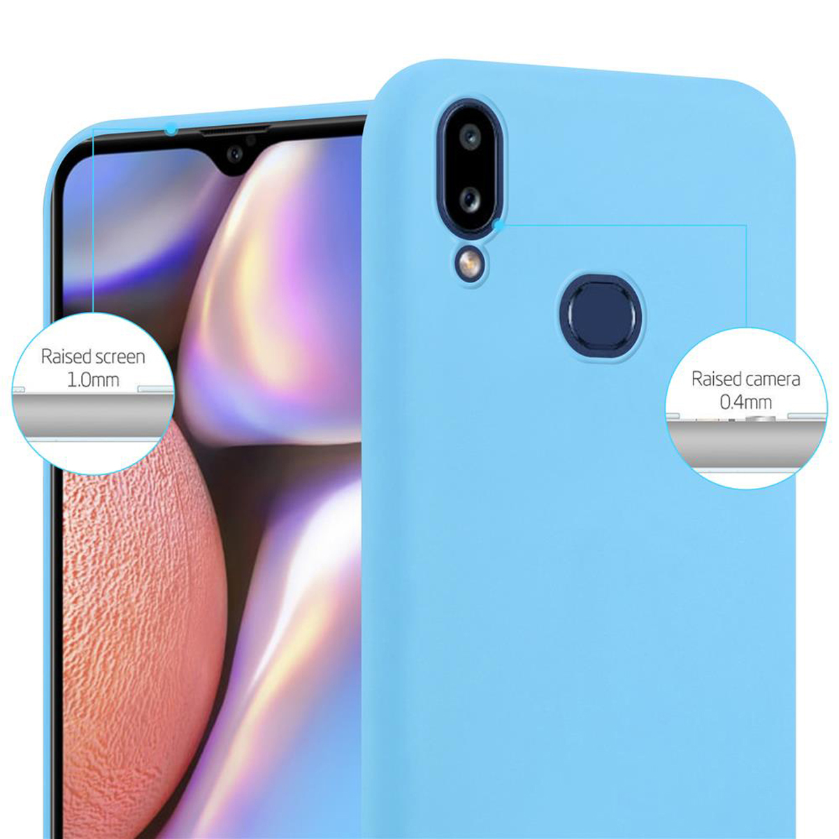 Una custodia per telefono blu con un telefono azzurro all'interno. La custodia mostra i bordi dello schermo e della fotocamera.