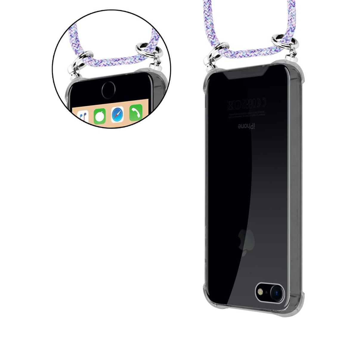 Due telefoni con custodie trasparenti e cinghie, uno mostra la schermata iniziale. Custodia trasparente con cinturino.