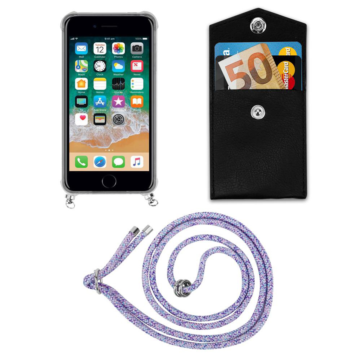 Un iPhone con custodia protettiva e un cordino con custodia a portafoglio. Il telefono mostra icone app.