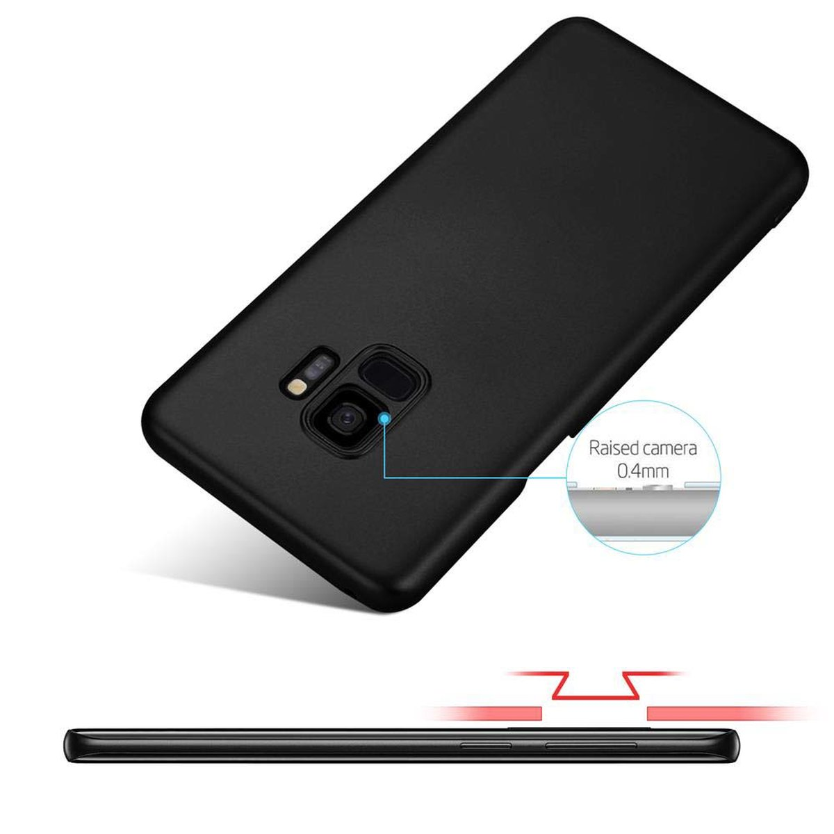 Schwarze Handyhülle mit erhöhter Kamera. Es gibt ein Diagramm, das Kameraschutz und einen erhöhten Bereich von 0,4 mm zeigt.