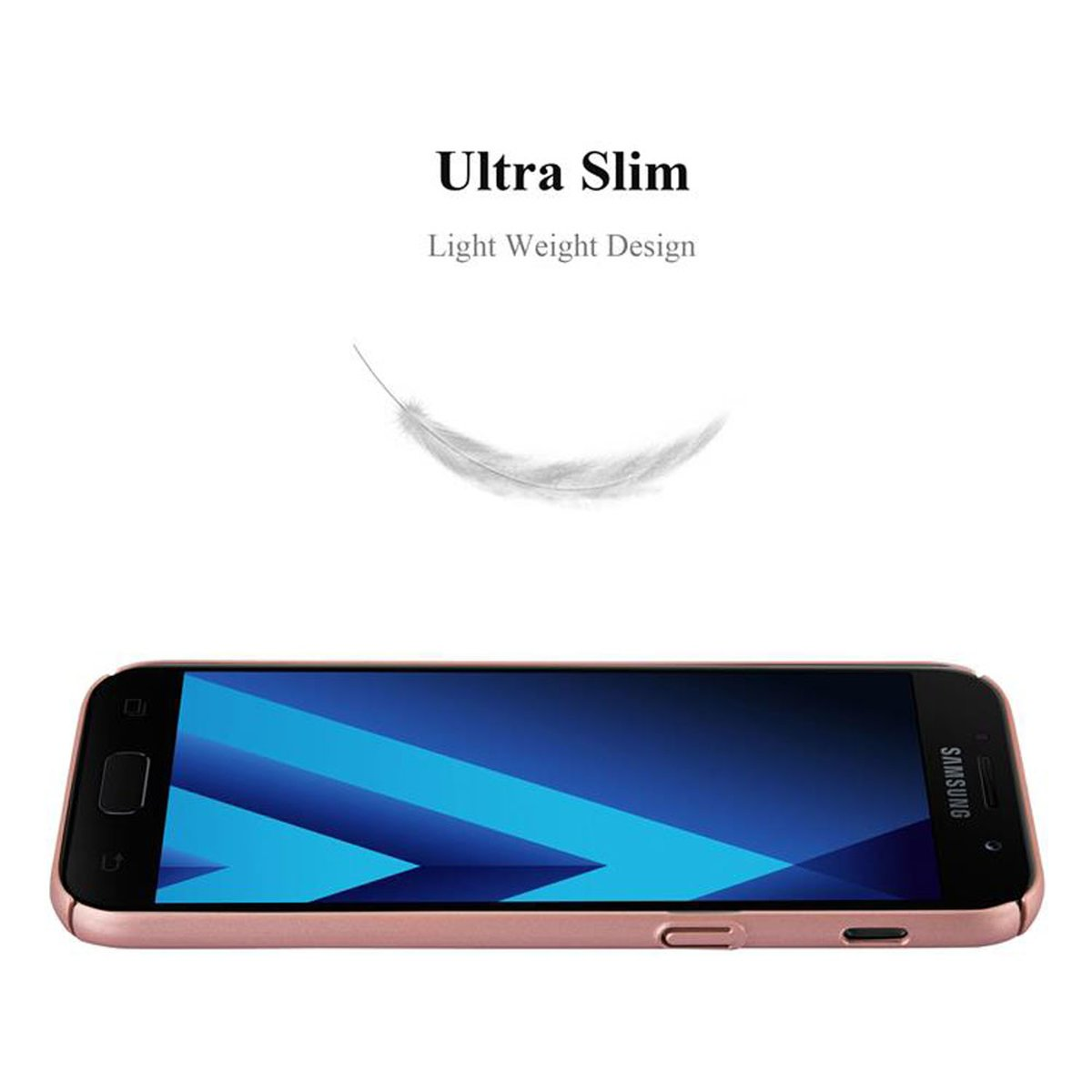 Un telefono in una custodia rosa. Il telefono è sdraiato. Una piuma fluttua sopra il telefono. Lo sfondo è bianco.
