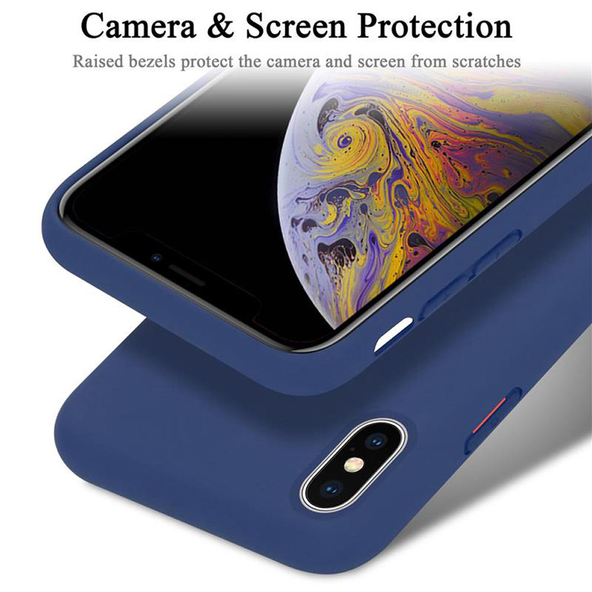 Blaue Handyhülle mit Handy. Text: Camera & Screen Protection. Die Hülle ist offen.