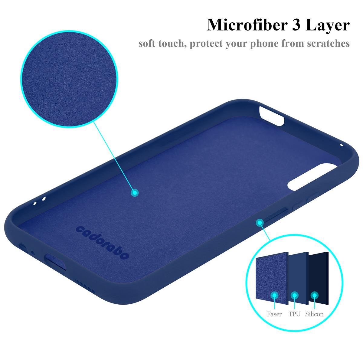 Interior de funda azul para teléfono con capas de microfibra. Texto: 'Microfiber 3 Layer'.