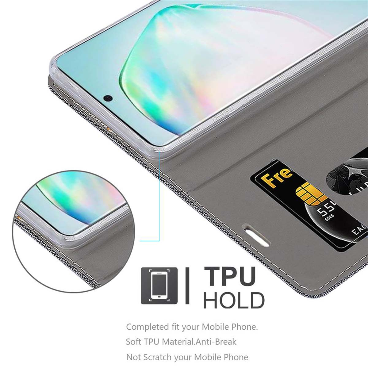 Graue Handyhülle offen, Telefon innen. Kartenfach und sichtbare Details. Weißer Hintergrund.