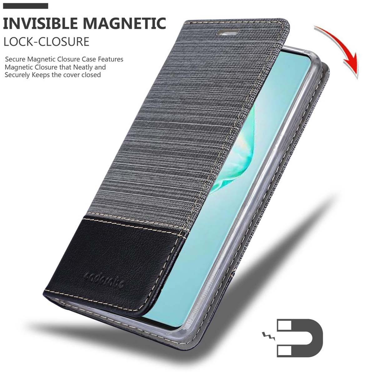 Telefonhülle, offen, mit strukturiertem Design. Ein Pfeil zeigt den Magnetverschluss.
