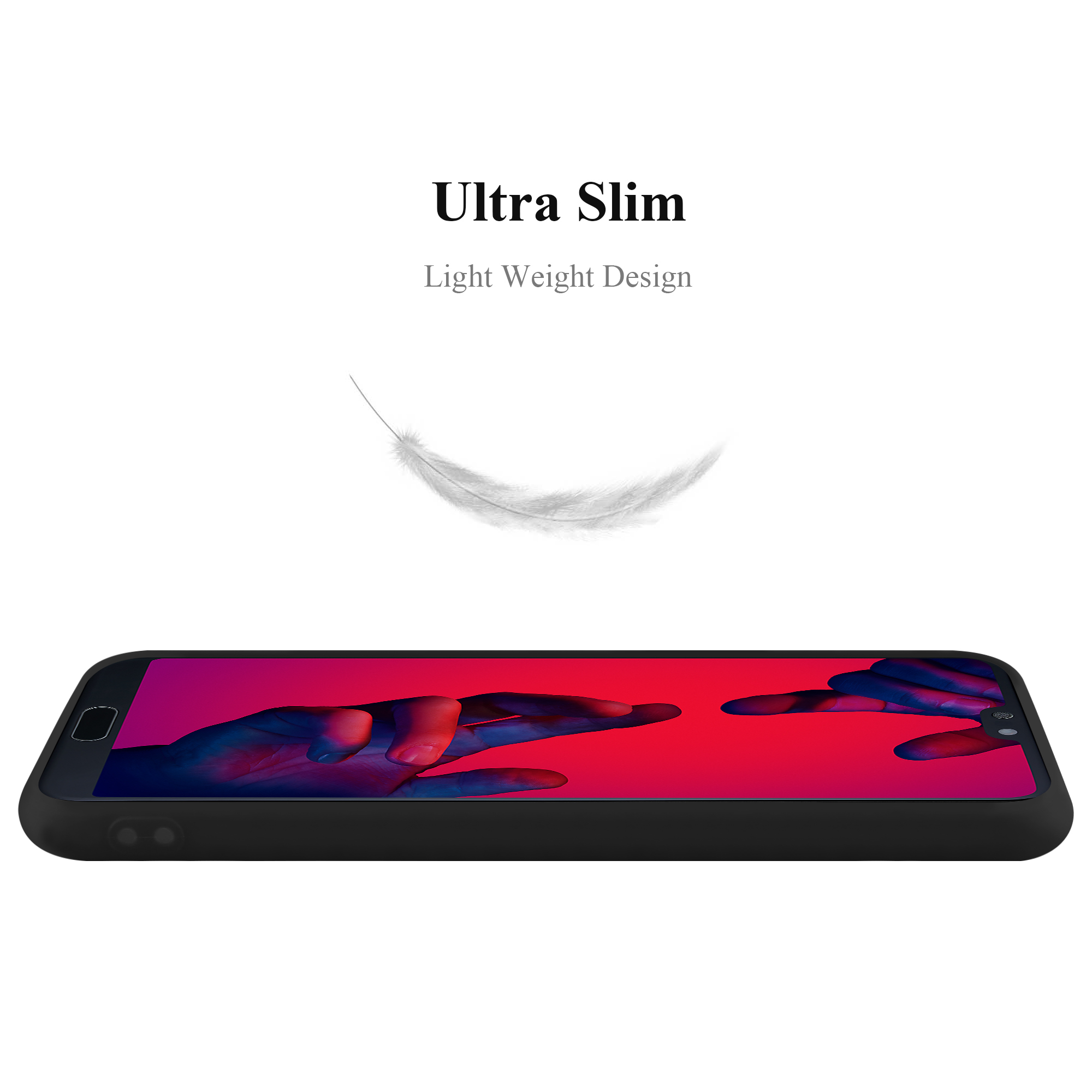 Custodia nera per telefono con le parole 'Ultra Slim' e un'immagine di piuma. Il telefono è su sfondo bianco.