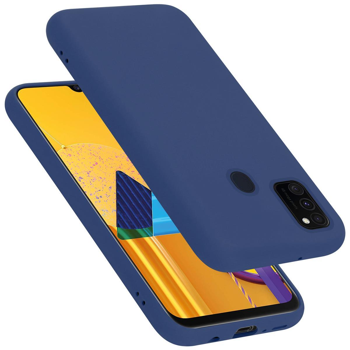 Blaue Handyhülle. Zwei Hüllen, eine aufrecht und eine liegend. Gelber Telefonbildschirm.
