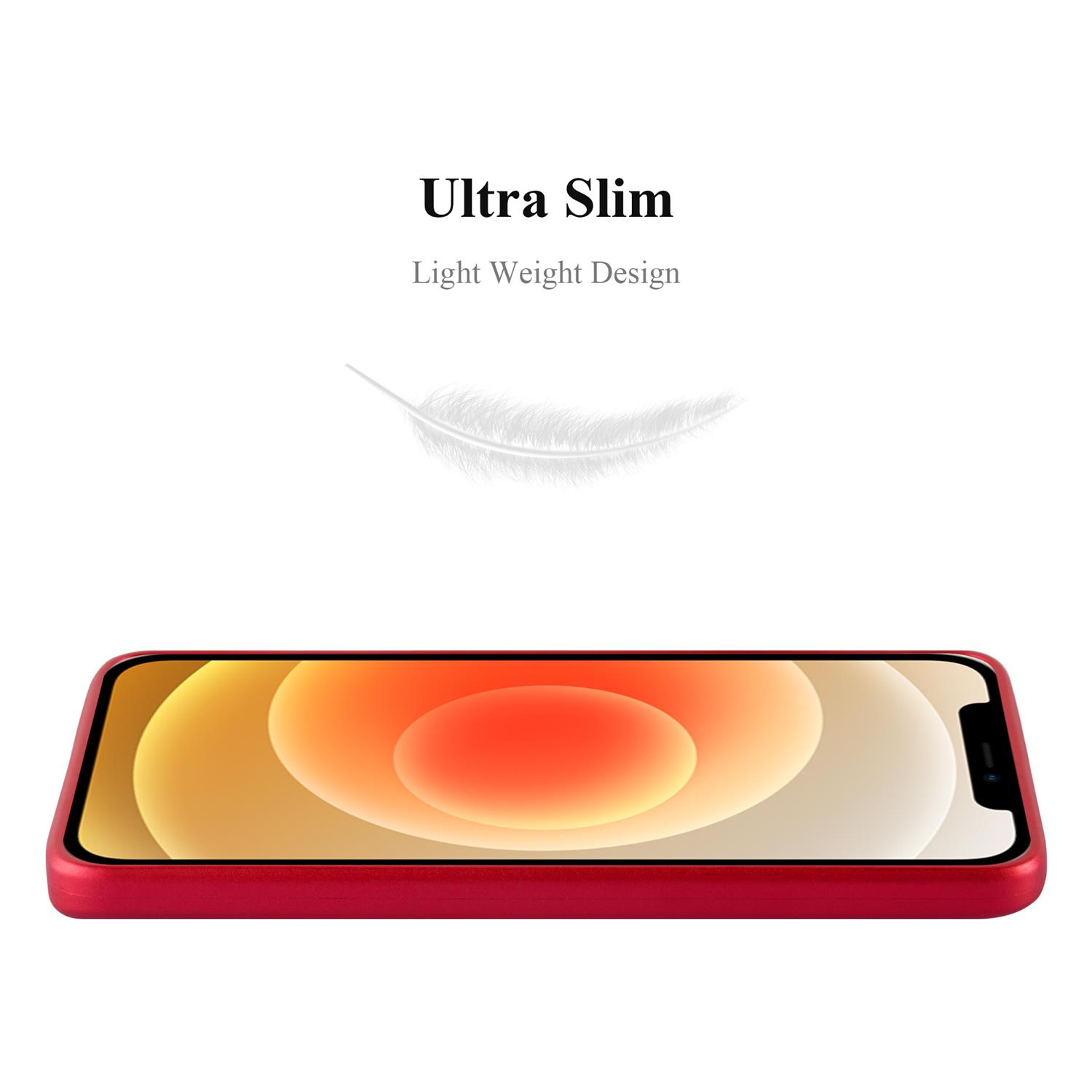 Una custodia rossa per telefono con un telefono all'interno. Ha le parole "Ultra Slim" e "Light Weight Design".