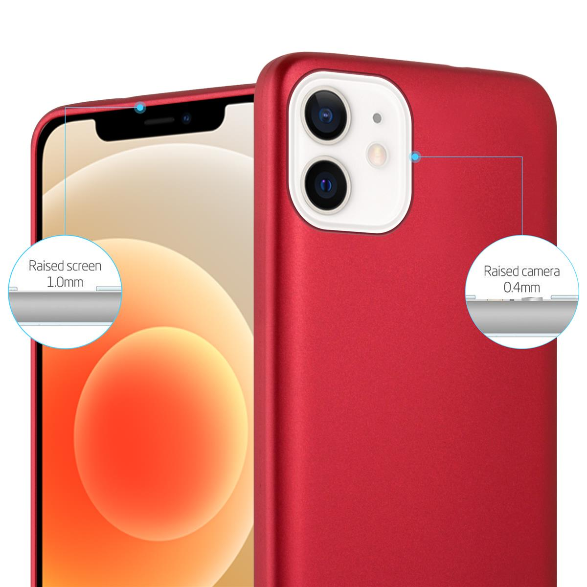 Custodia rossa per telefono con bordi dello schermo e della fotocamera rialzati, in primo piano con diagrammi.