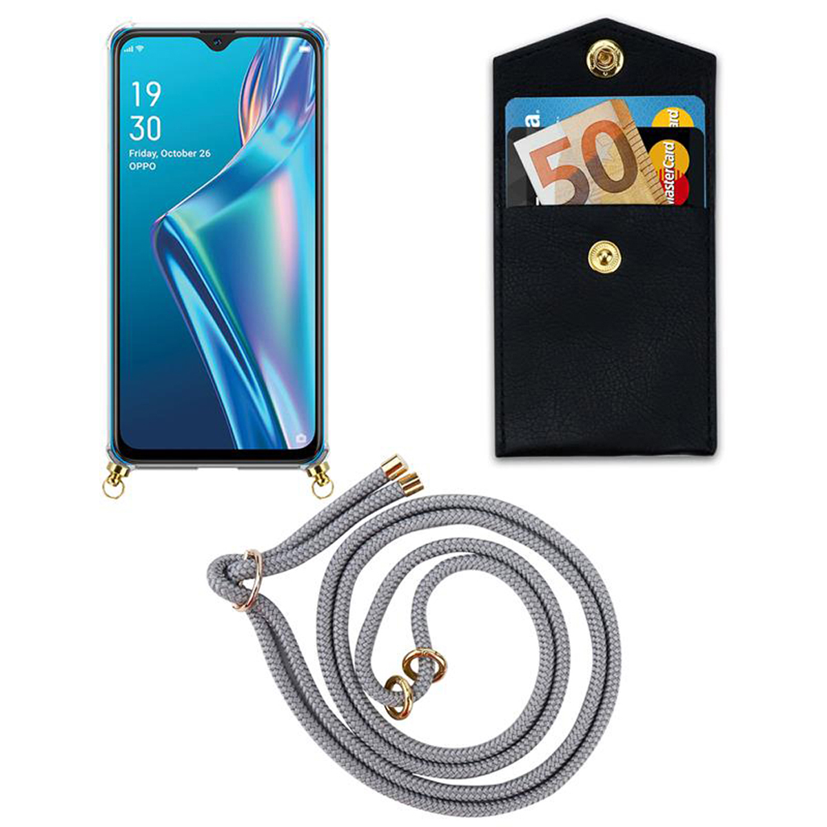 CADORABO Handy Backcover, Hülle, Kordel A12, und Oppo, mit Ringen, GRAU abnehmbarer Kette Band Gold SILBER