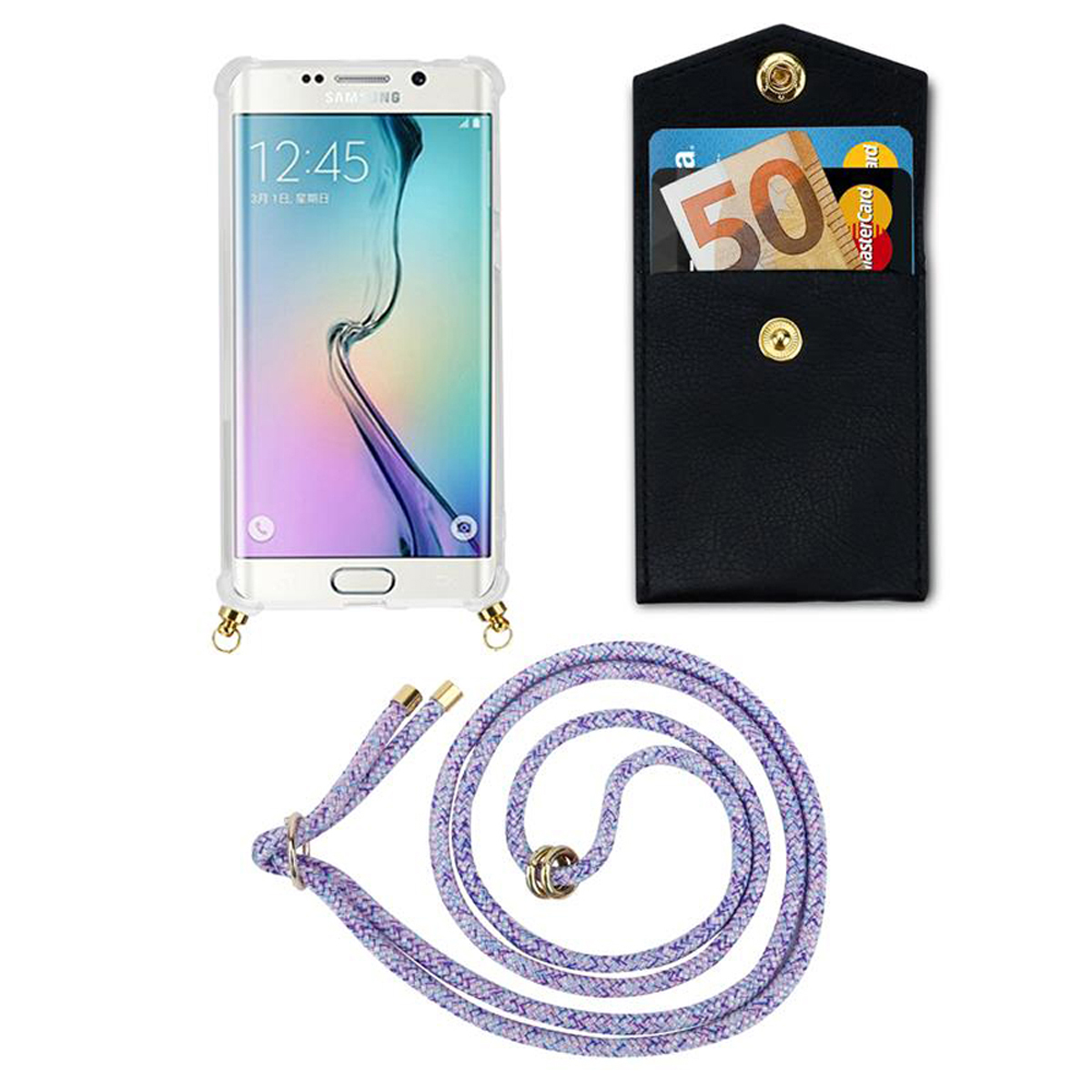 Telefono bianco con cinturino e carte in tasca. Cordino con motivo viola e bianco.