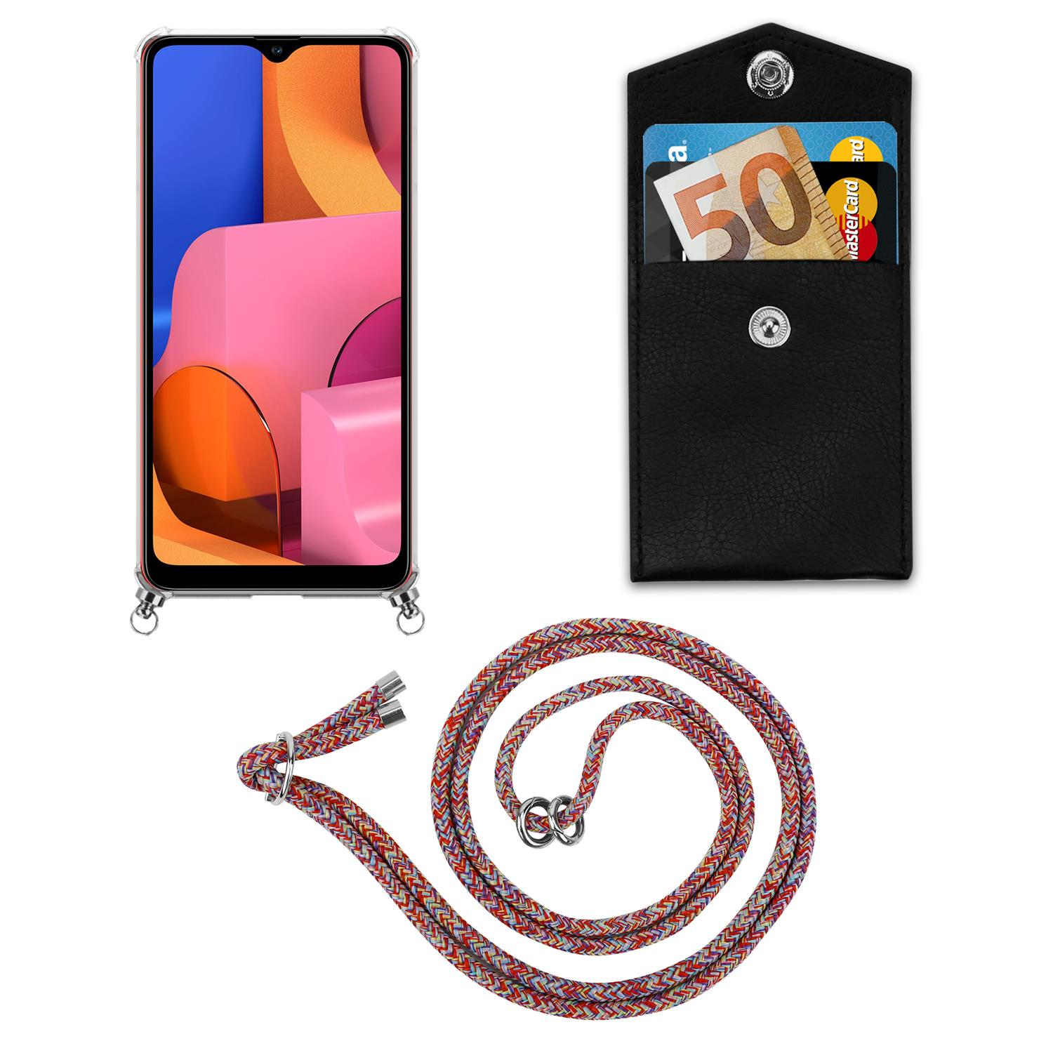 CADORABO Handy und Silber Kette Band Backcover, Ringen, abnehmbarer COLORFUL mit A20s, Samsung, PARROT Kordel Galaxy Hülle