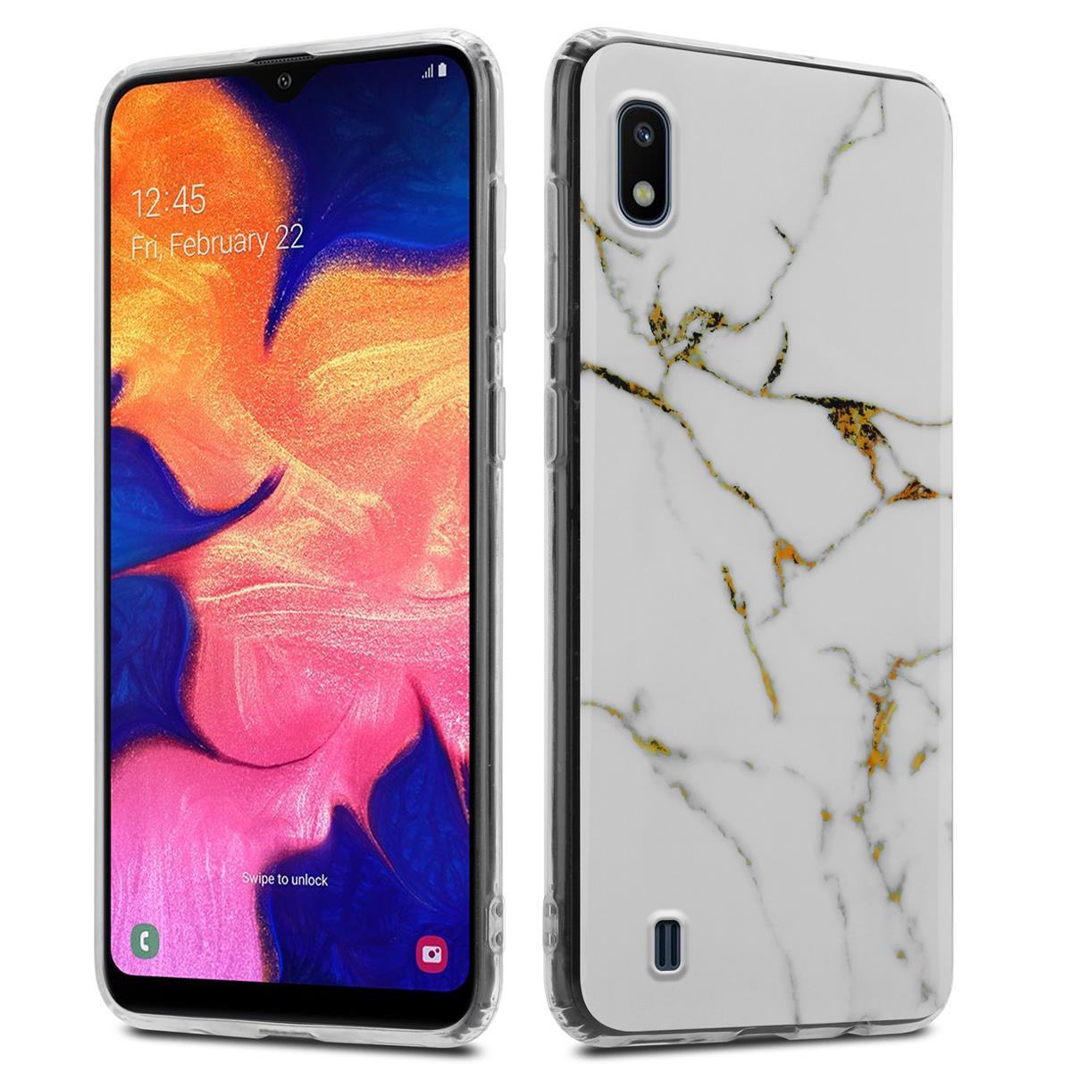 Due telefoni con custodie. Uno mostra l'ora e le app. L'altro ha un design marmoreo.