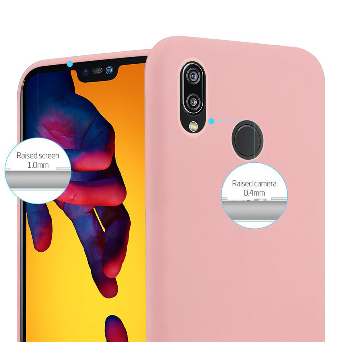 Una custodia per telefono rosa mostra le funzioni dello schermo e della fotocamera rialzate. È una vista ravvicinata.