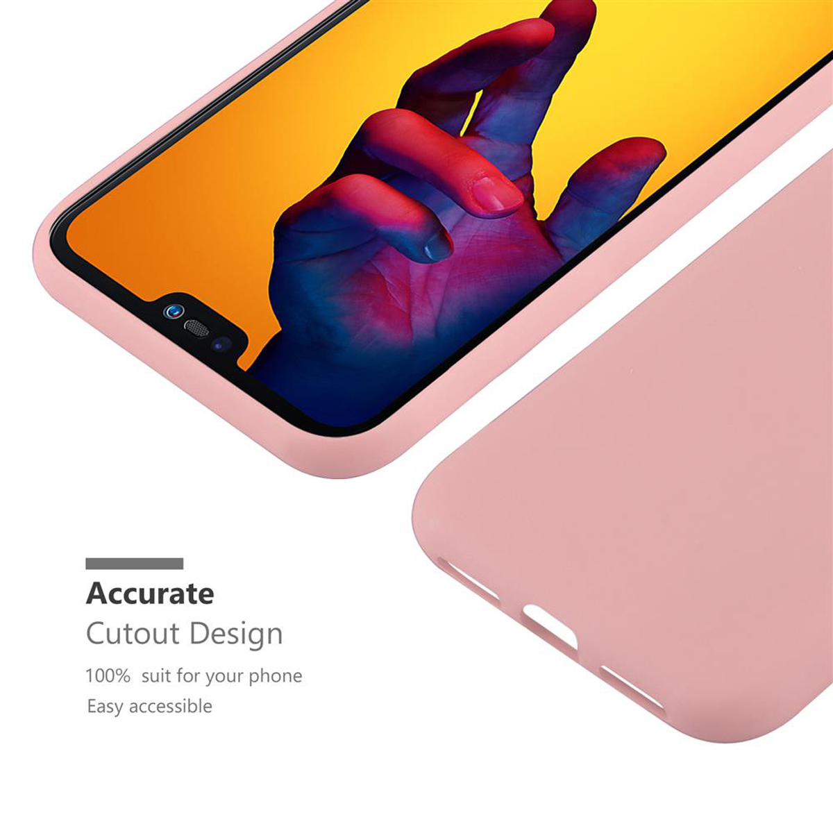 Custodia per telefono rosa con il telefono all'interno. Il telefono è visibile di lato. Lo sfondo è bianco.