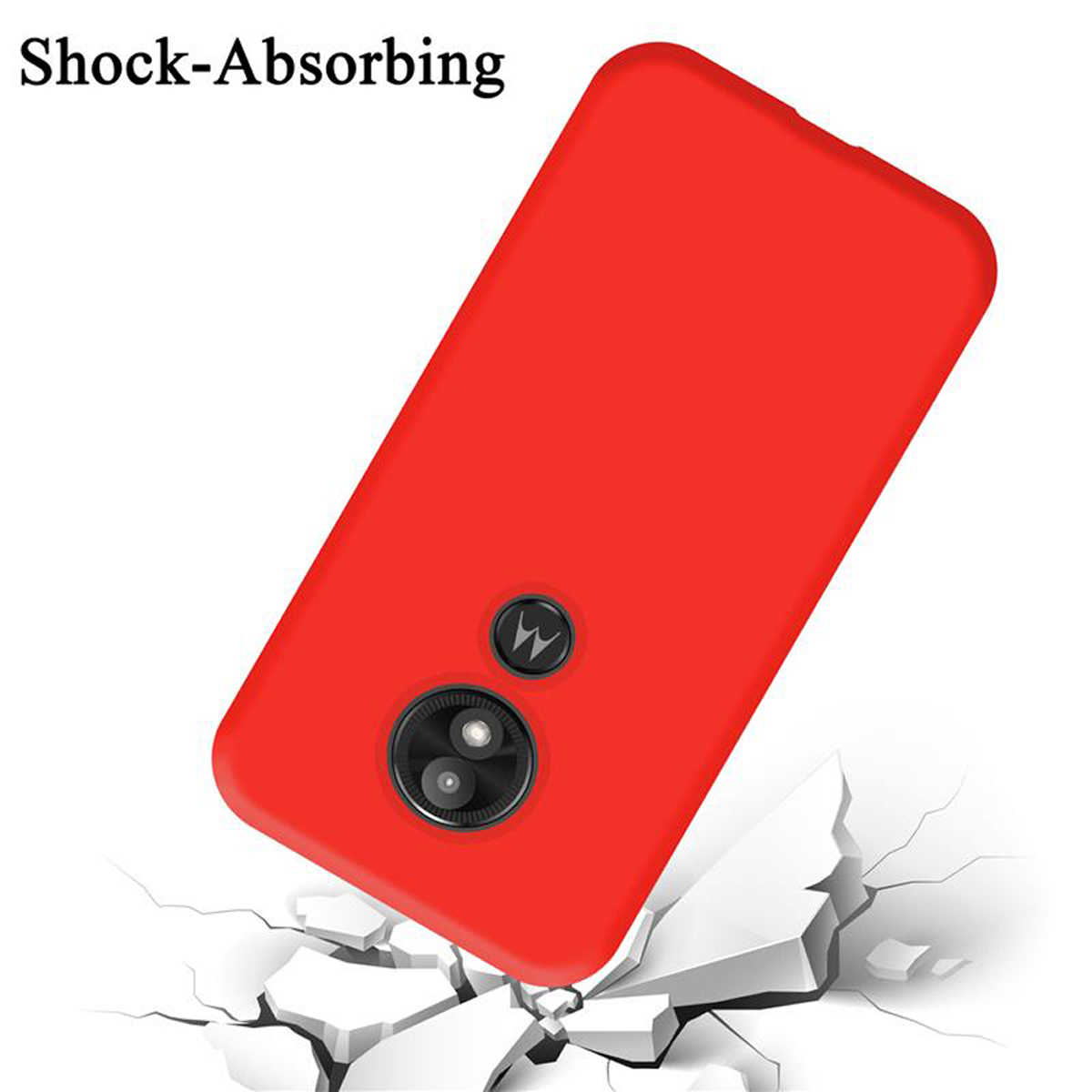 Custodia per telefono rossa con un telefono, assorbimento degli urti e superficie rotta.