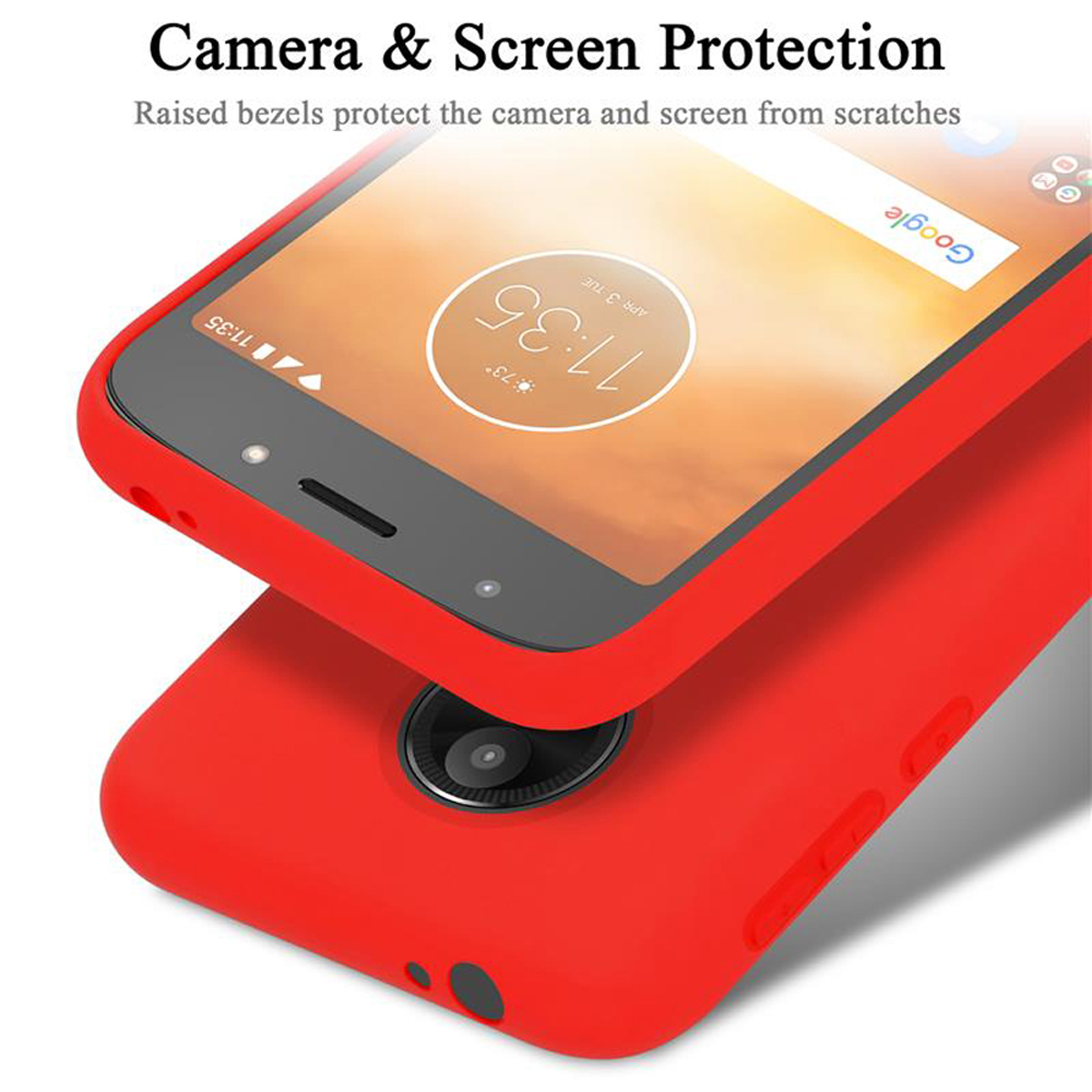 Una custodia per telefono rossa con un telefono. Lo schermo mostra un orologio e l'app Google. Il testo dice Protezione fotocamera e schermo.