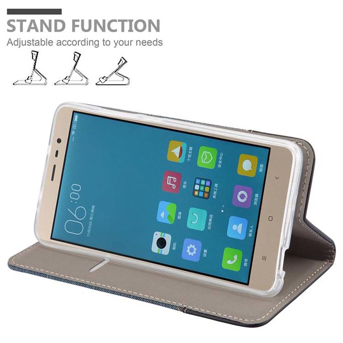 Ein Telefon in einer Hülle ist geöffnet. Text: 'STAND FUNCTION'.