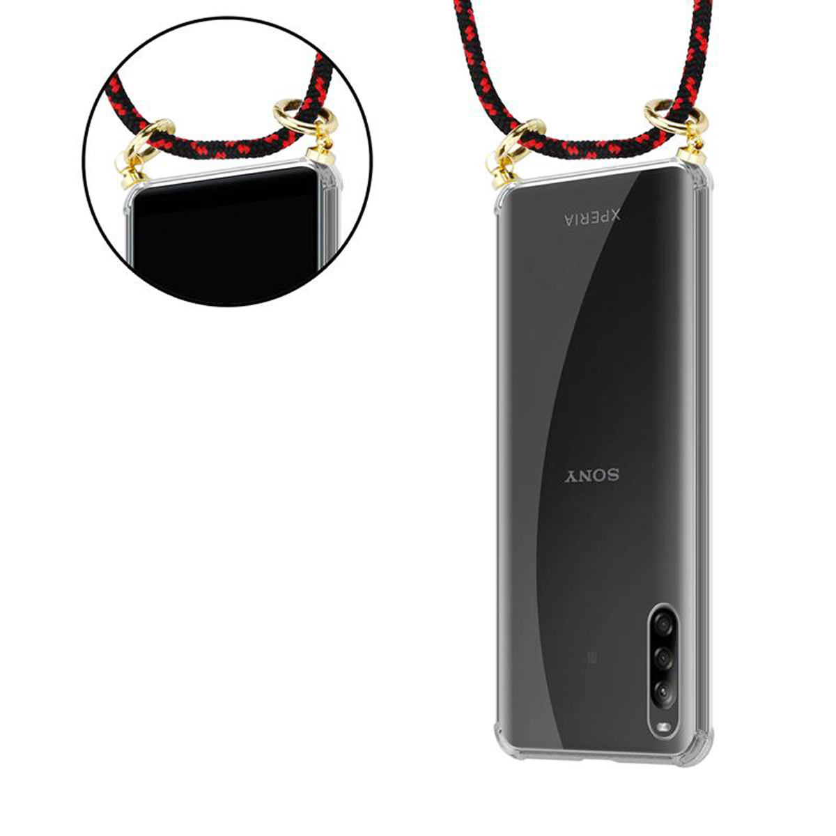 Telefono con cordino. Il telefono ha una custodia trasparente. Cordino rosso e nero. Logo Sony.