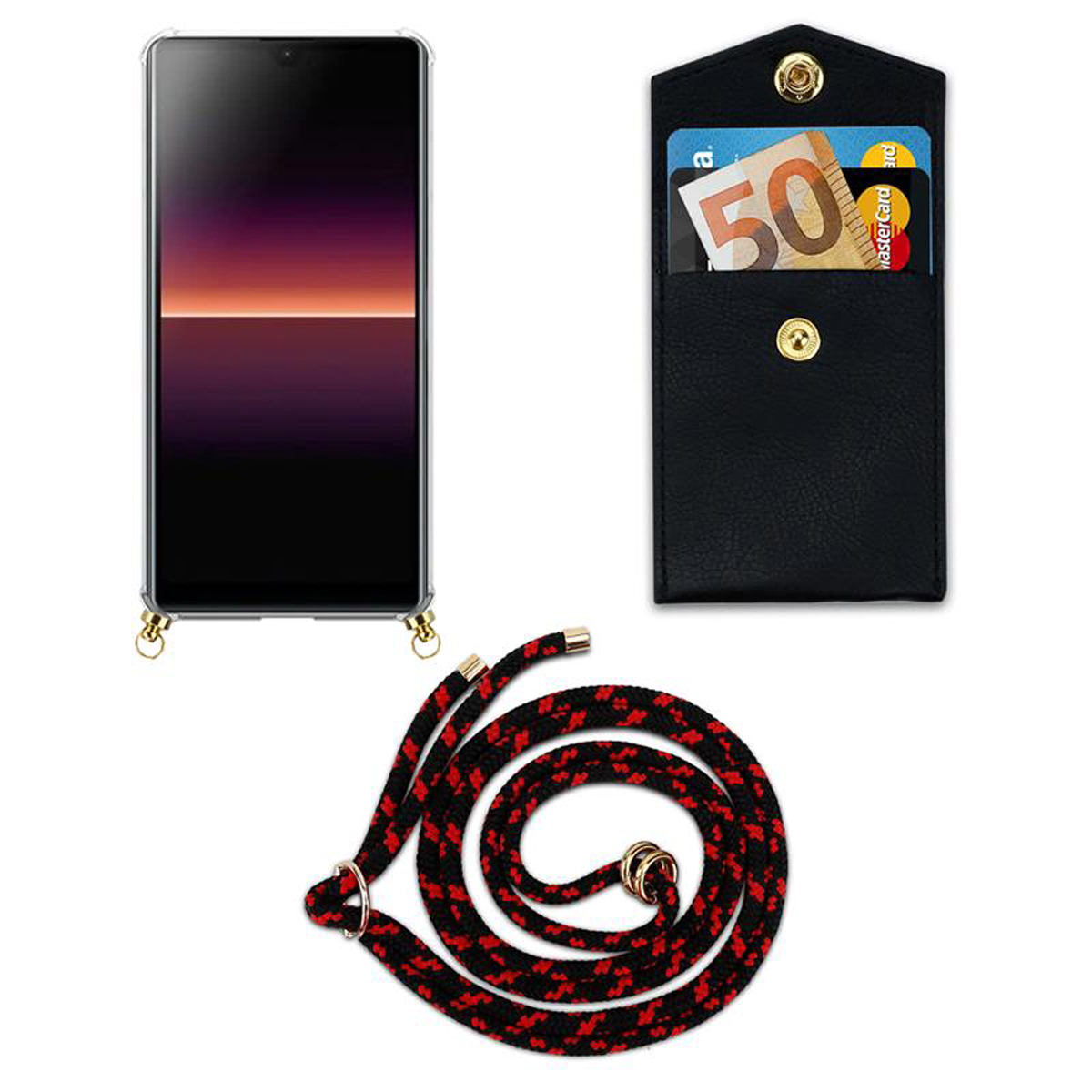Un telefono con una custodia trasparente e un cordino. È presente anche un portafoglio nero con soldi.