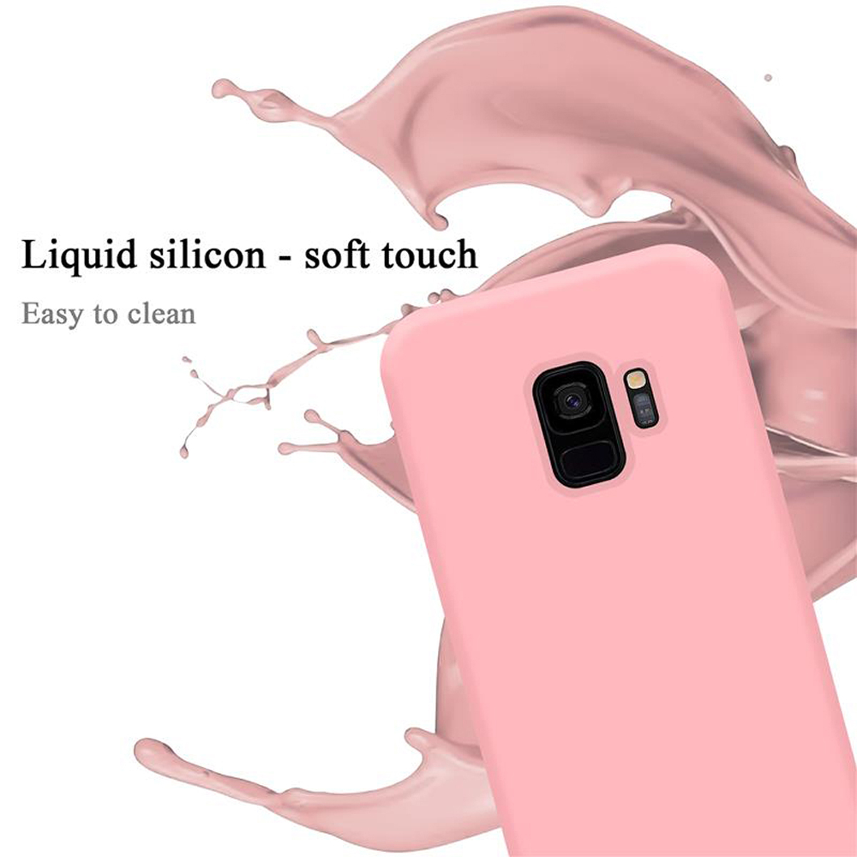 Rosa Handyhülle mit Handy. Hinter der Hülle ist ein Spritzer rosa Flüssigkeit.