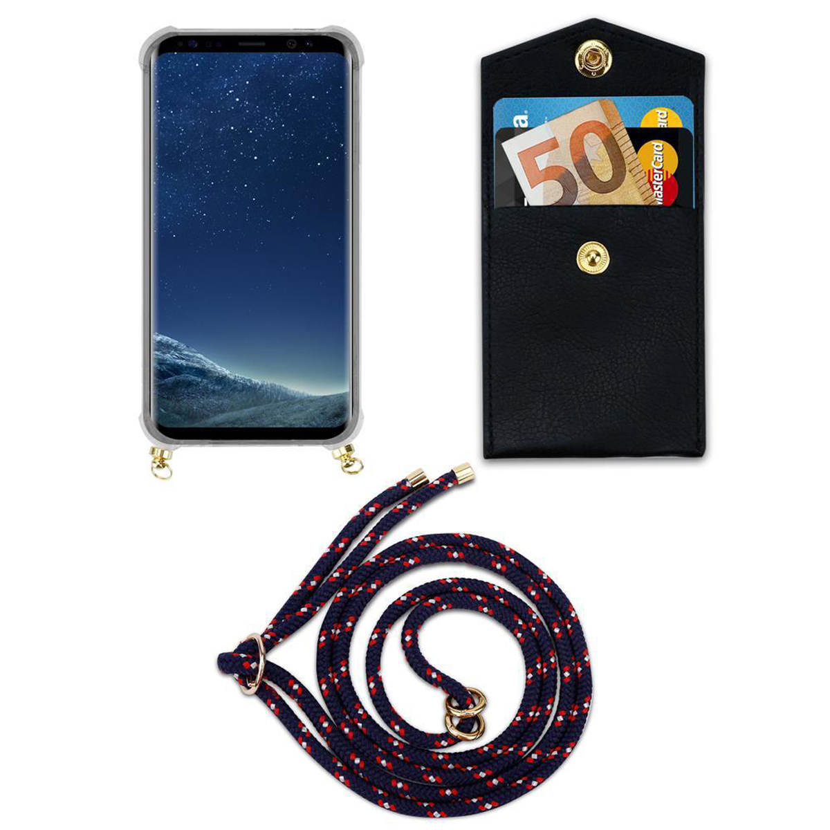 Custodia per telefono con telefono e cinturino. La custodia ha una tasca per le carte.