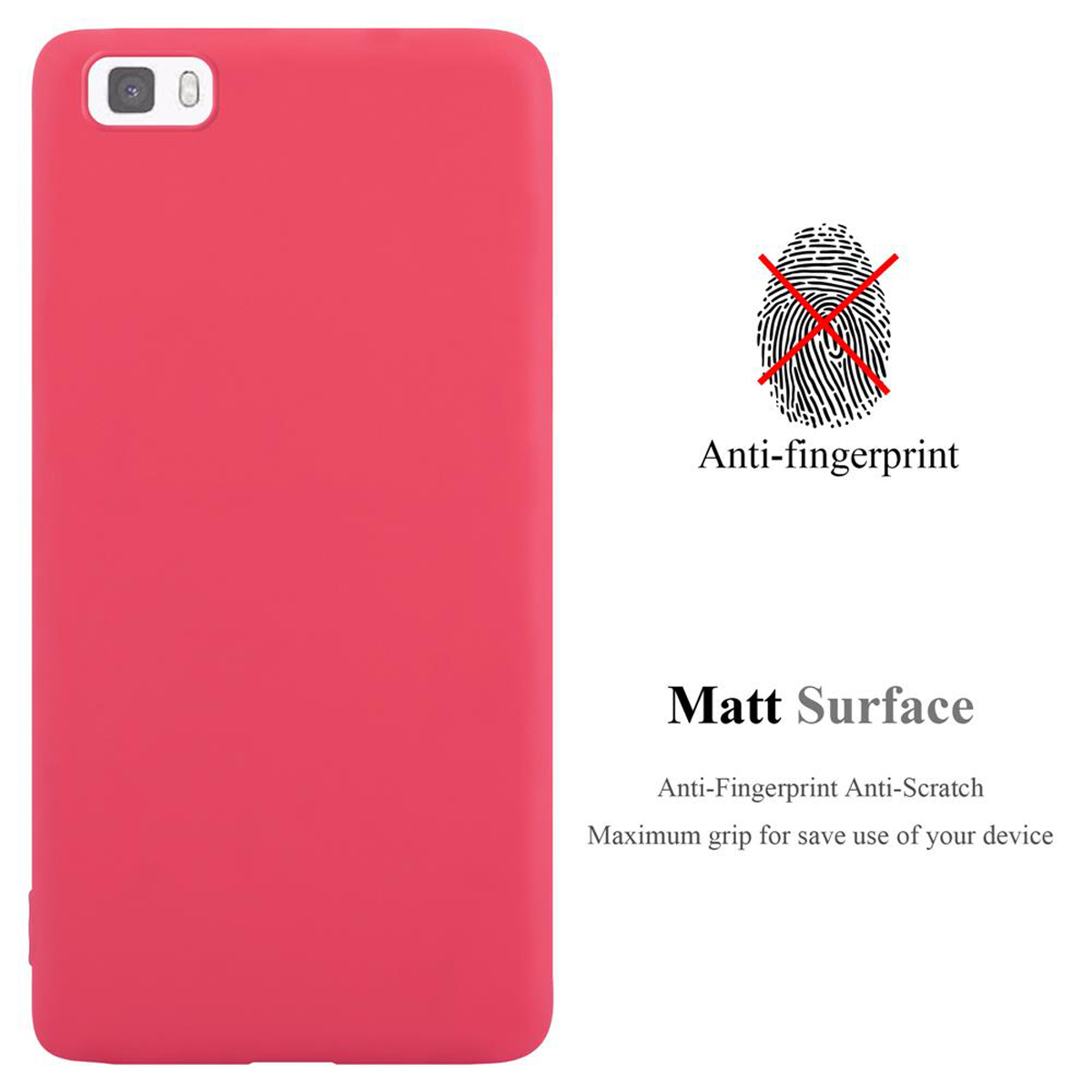 Una funda roja para teléfono con un signo anti-huellas y un texto que dice Matt Surface.