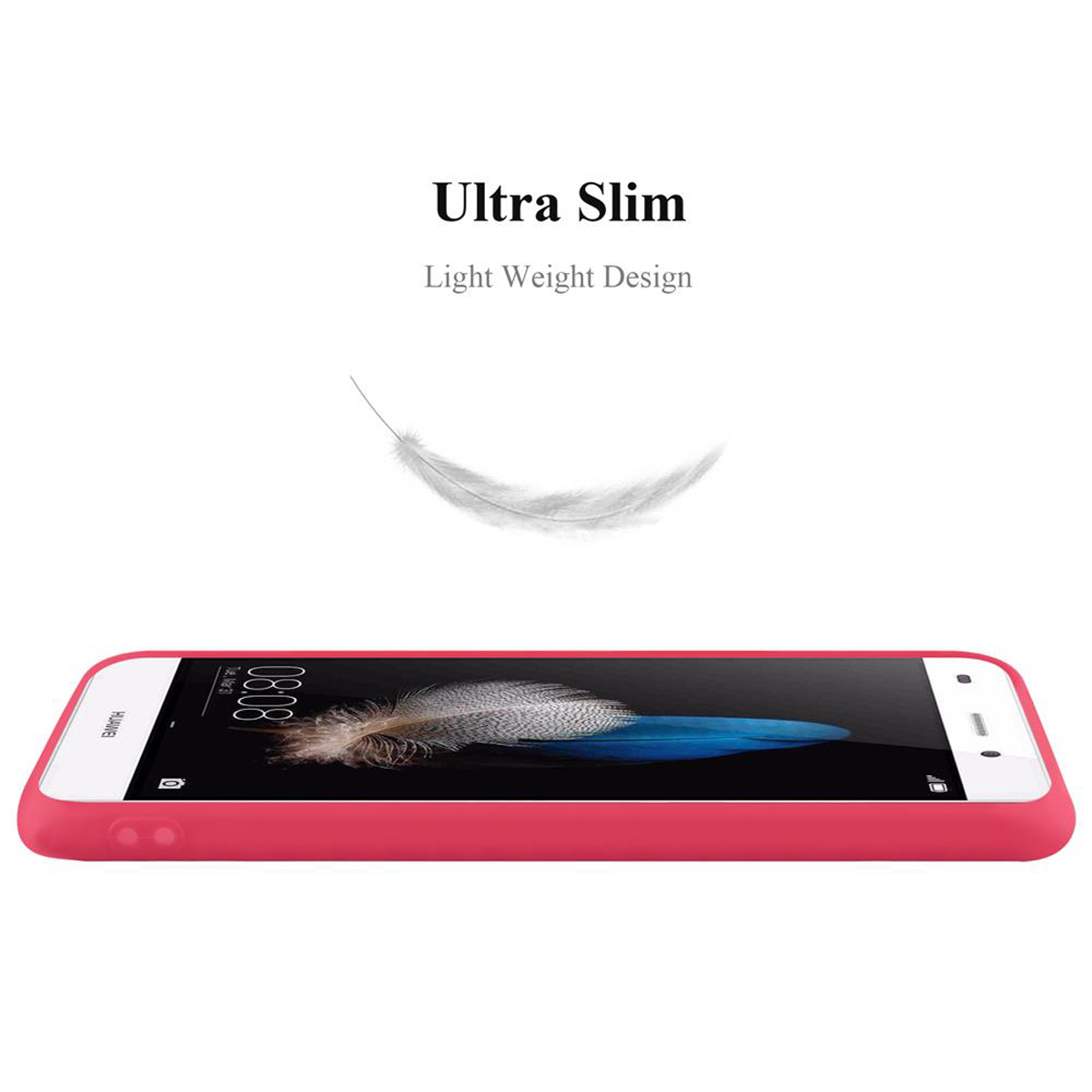 Una funda de teléfono rosa con un teléfono dentro, con texto: Ultra Slim. Light Weight Design. Una pluma flota encima.