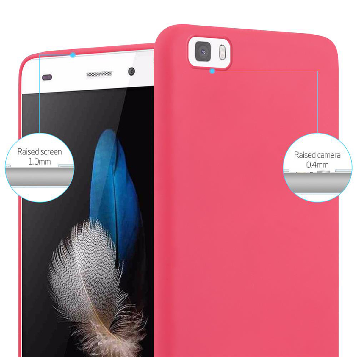 Funda rosa para teléfono con teléfono. La imagen destaca la protección elevada de pantalla y cámara.