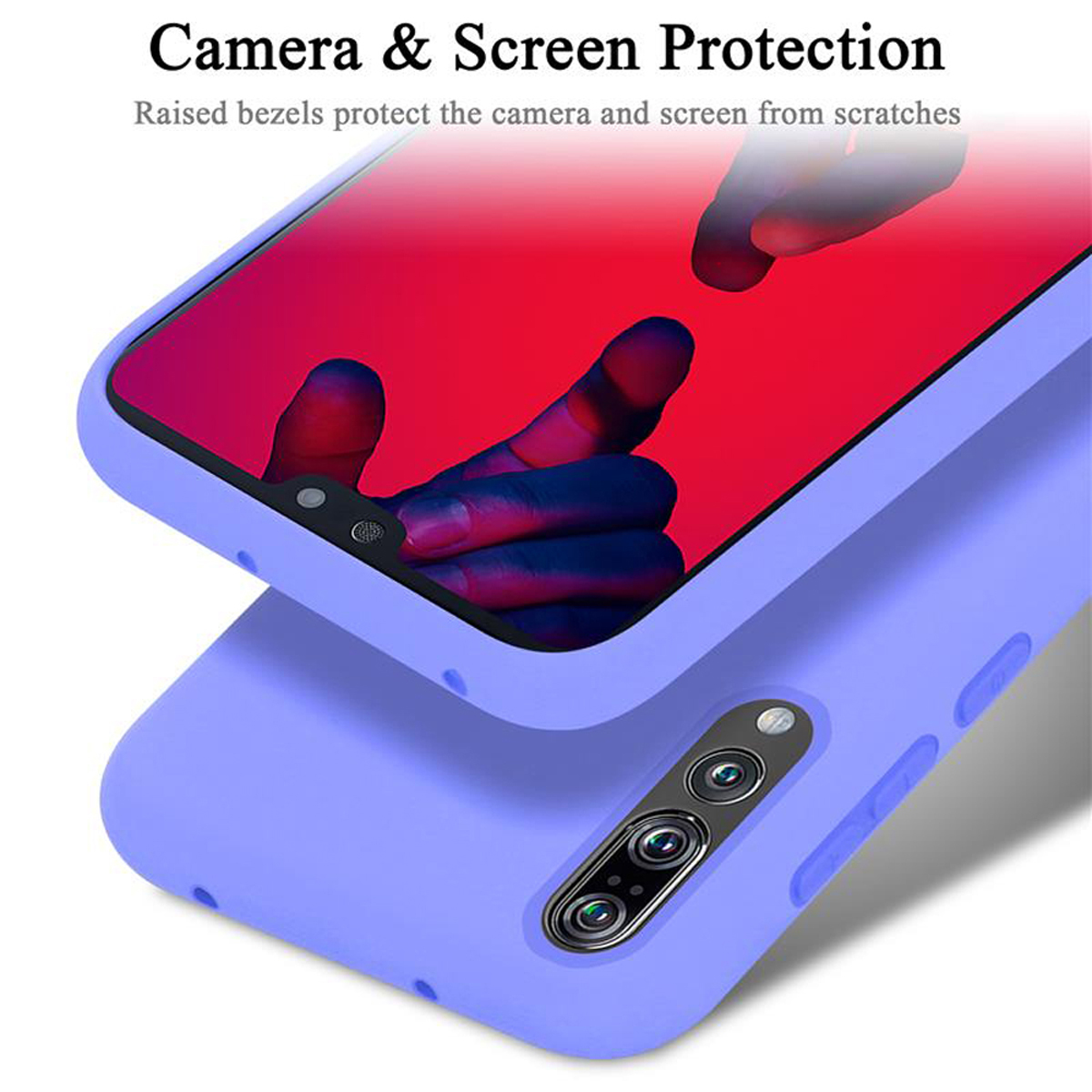 Lila Handyhülle mit einem Telefon darin. Zeigt Kamera- und Bildschirmschutz.