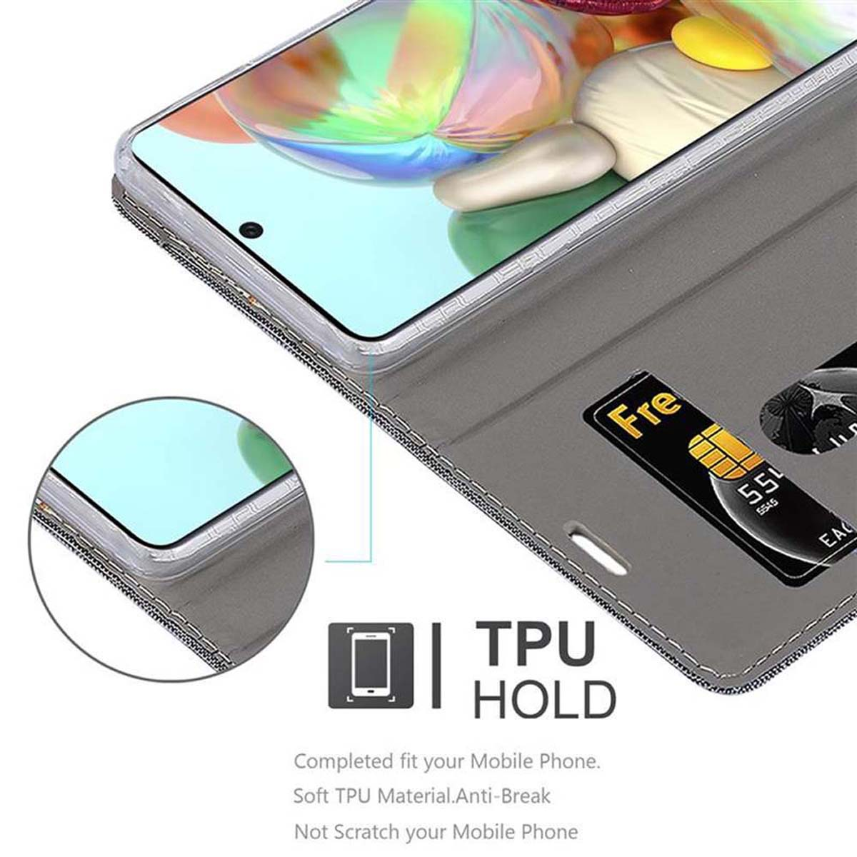 Una custodia per telefono con telefono e scomparti per carte. La custodia è aperta, mostrando le carte.