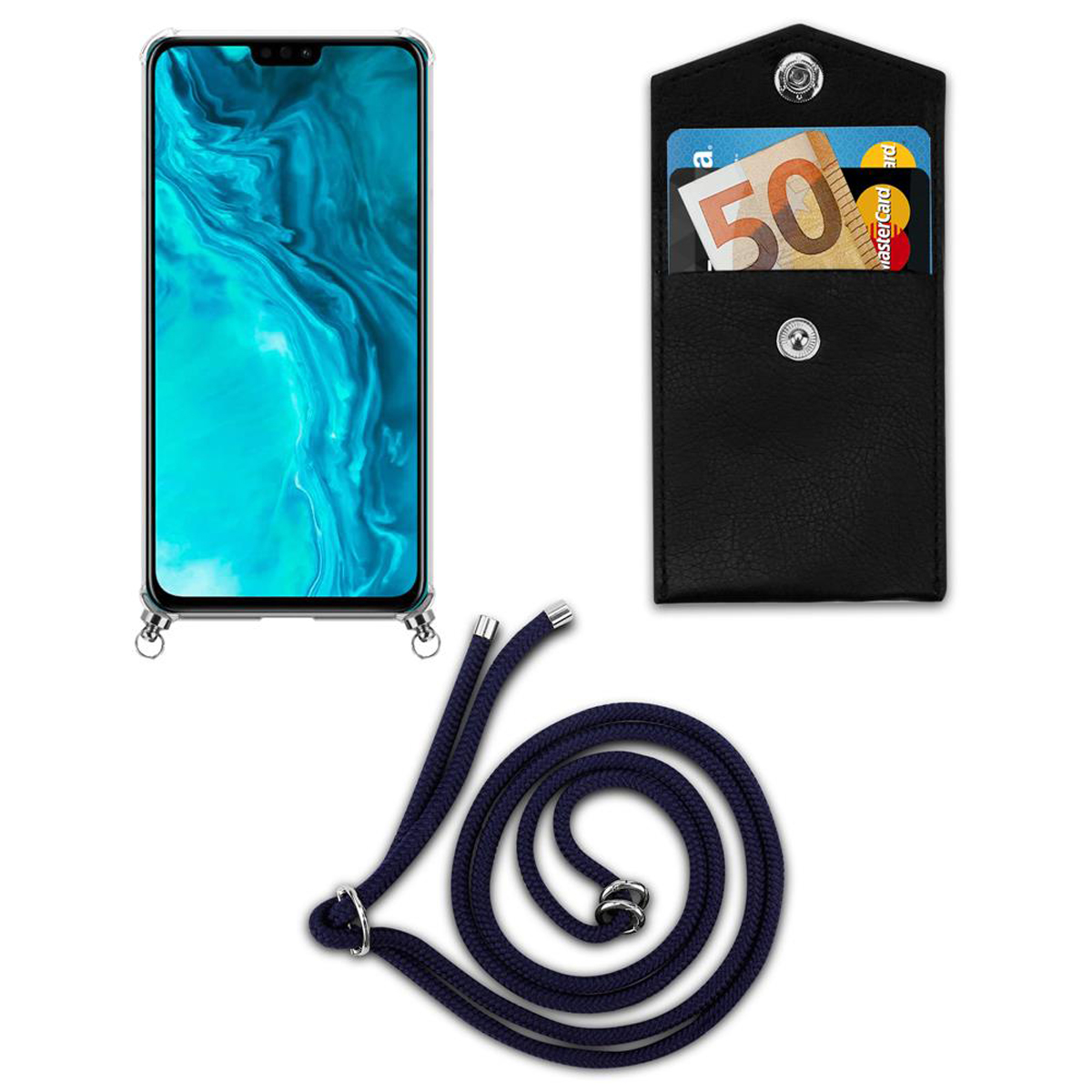 Tre elementi: un telefono, una custodia nera con carte e un cinturino per telefono blu navy su sfondo bianco.