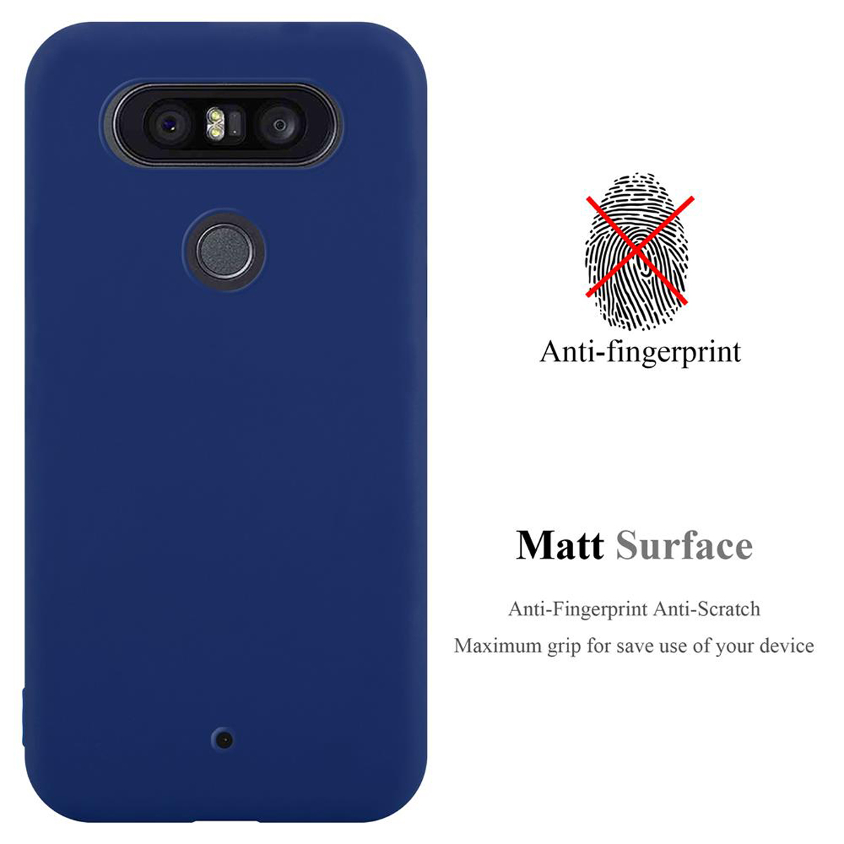 Blaue Handyhülle mit einem Telefon darin. Die Rückseite der Handyhülle ist sichtbar.