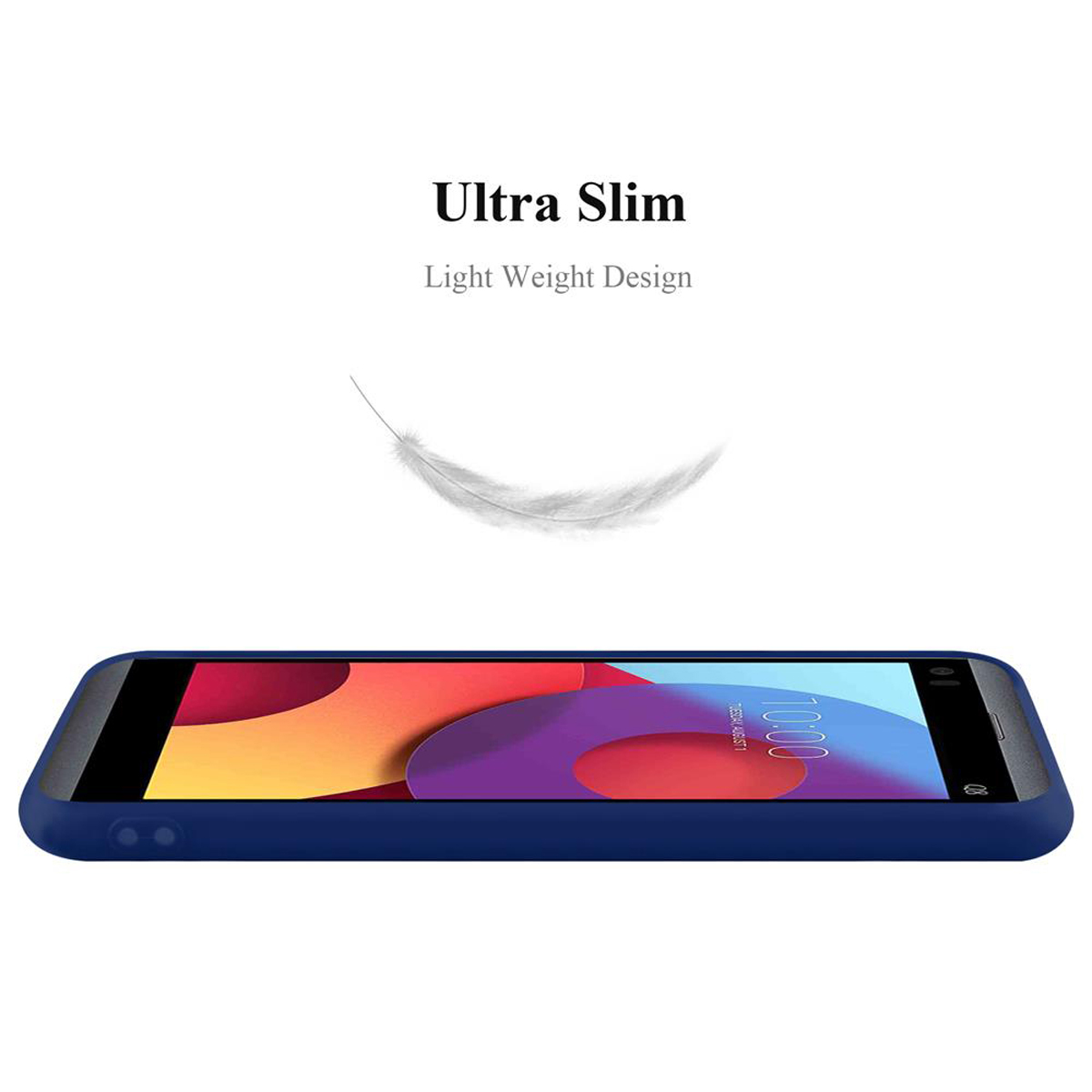 Blaue Handyhülle mit einem Telefon darin. Text: Ultra Slim, Light Weight Design. Eine weiße Feder schwebt.