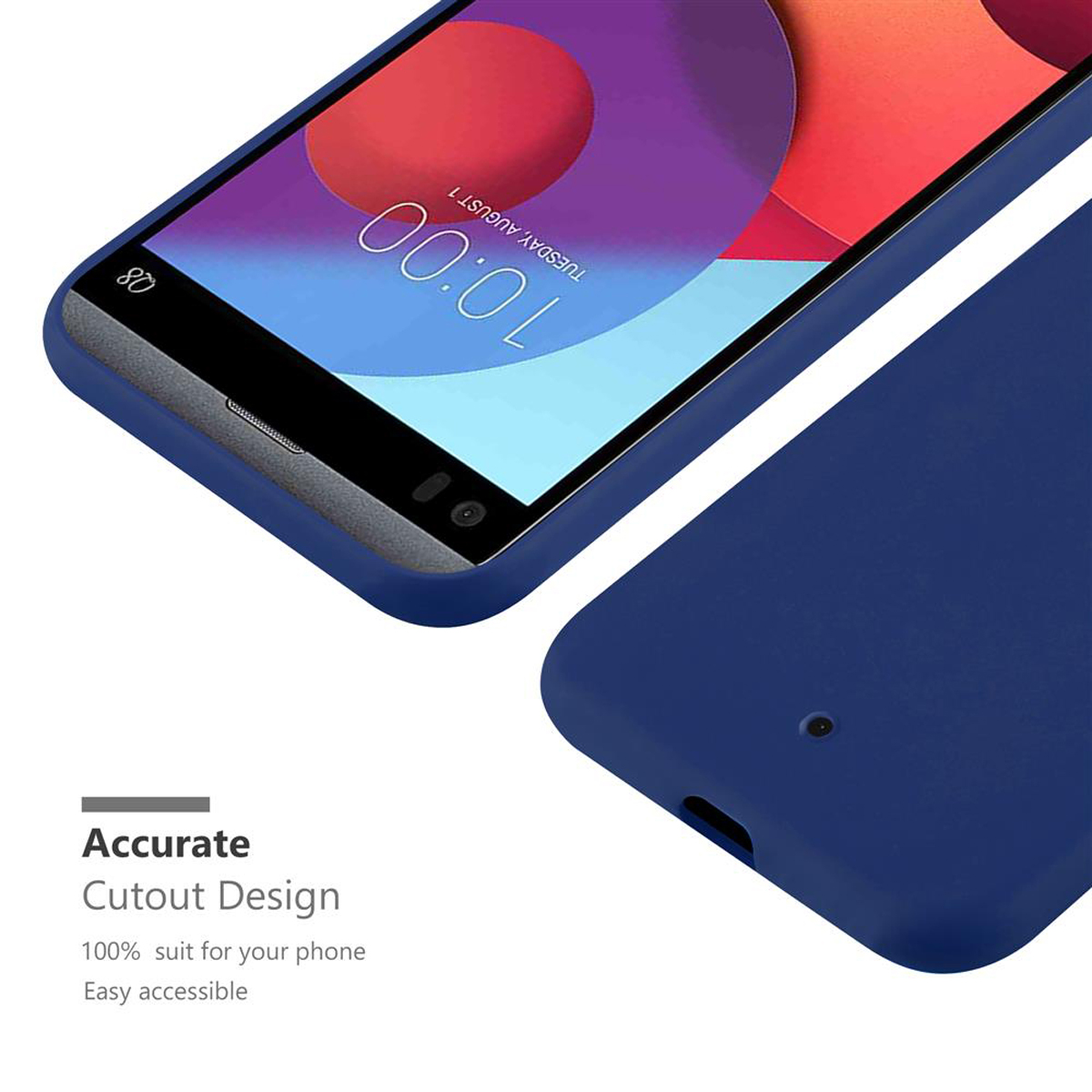 Blaue Handyhülle mit Telefon, das Uhrzeit und Datum anzeigt. Genaues Ausschnittdesign.