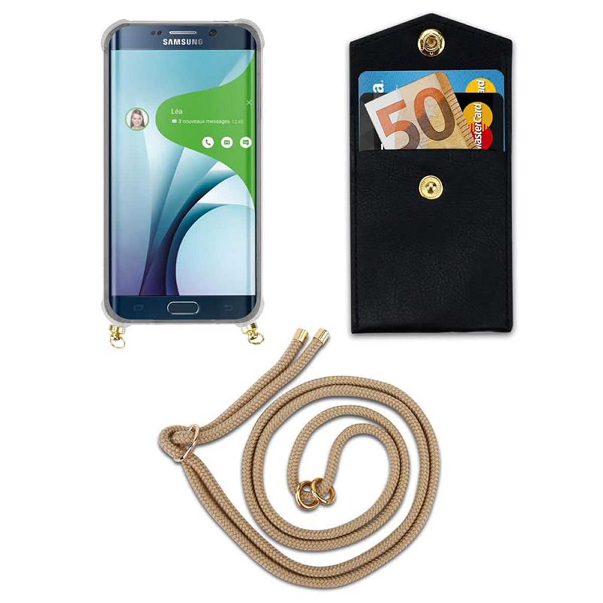 Un telefono con custodia e cordino, e un portafoglio in pelle nera con una banconota da 50 euro all'interno.