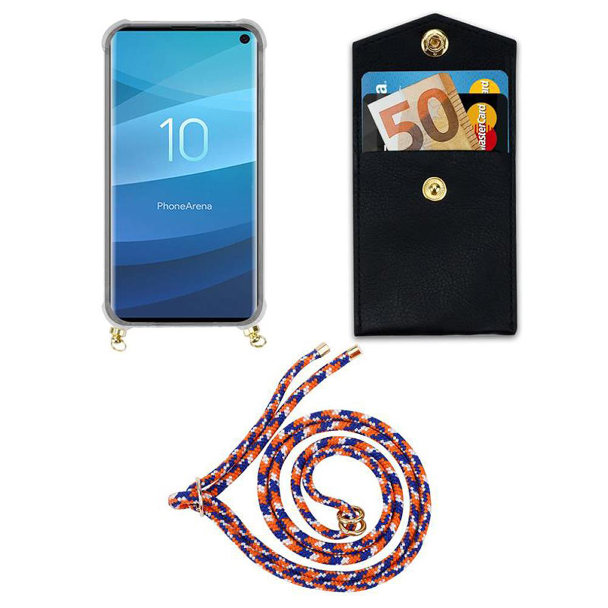 Una custodia per telefono con un telefono, un cordino e una banconota da 50 euro. Il testo è PhoneArena.
