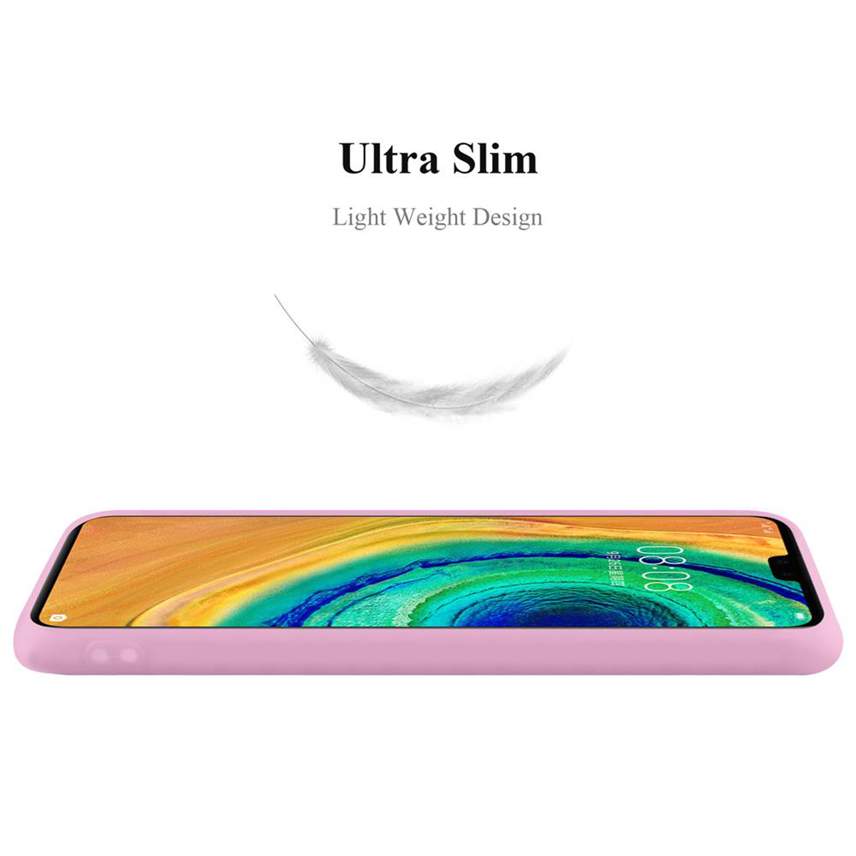 Custodia per telefono rosa, ultrasottile, con un design leggero, vista laterale con una piuma sullo sfondo.