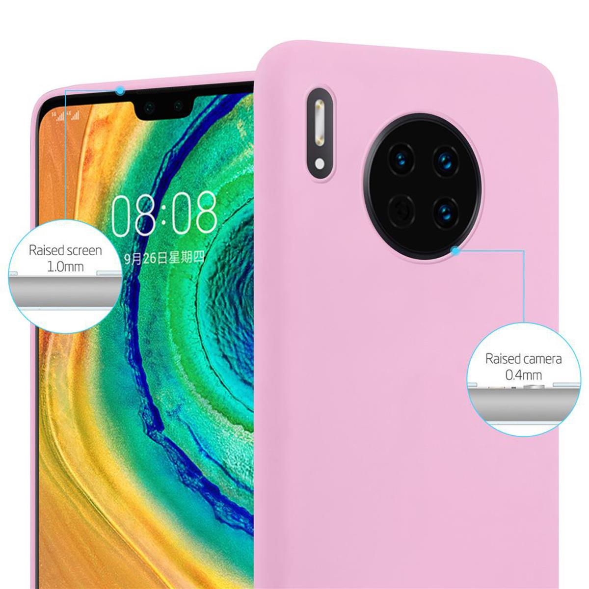 Custodia rosa per telefono che mostra un telefono. Sono evidenziate la protezione dello schermo e della fotocamera rialzati.