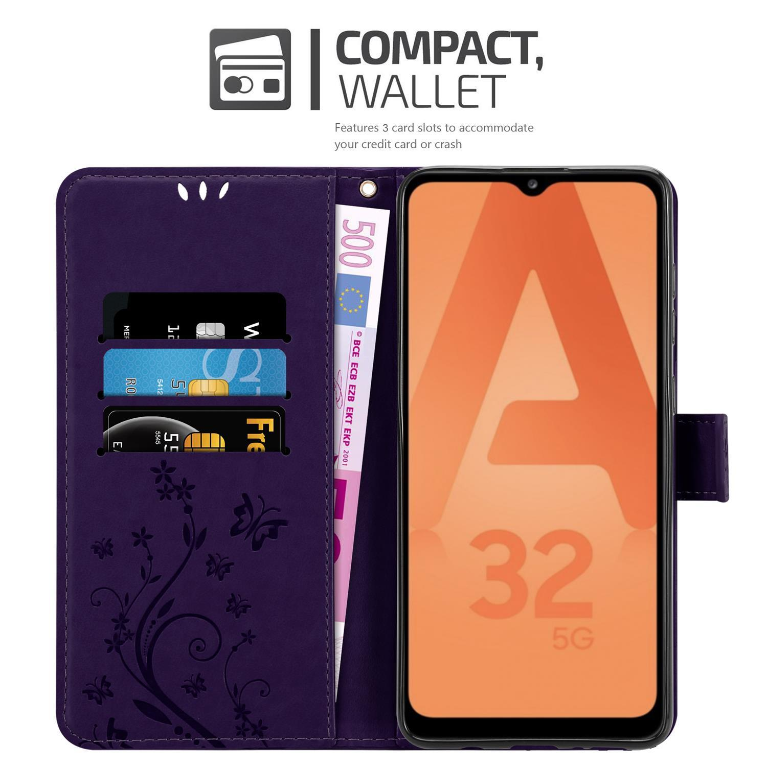Un portafoglio per telefono viola con tre slot per carte, una banconota da 500 euro e un telefono con una grafica arancione.