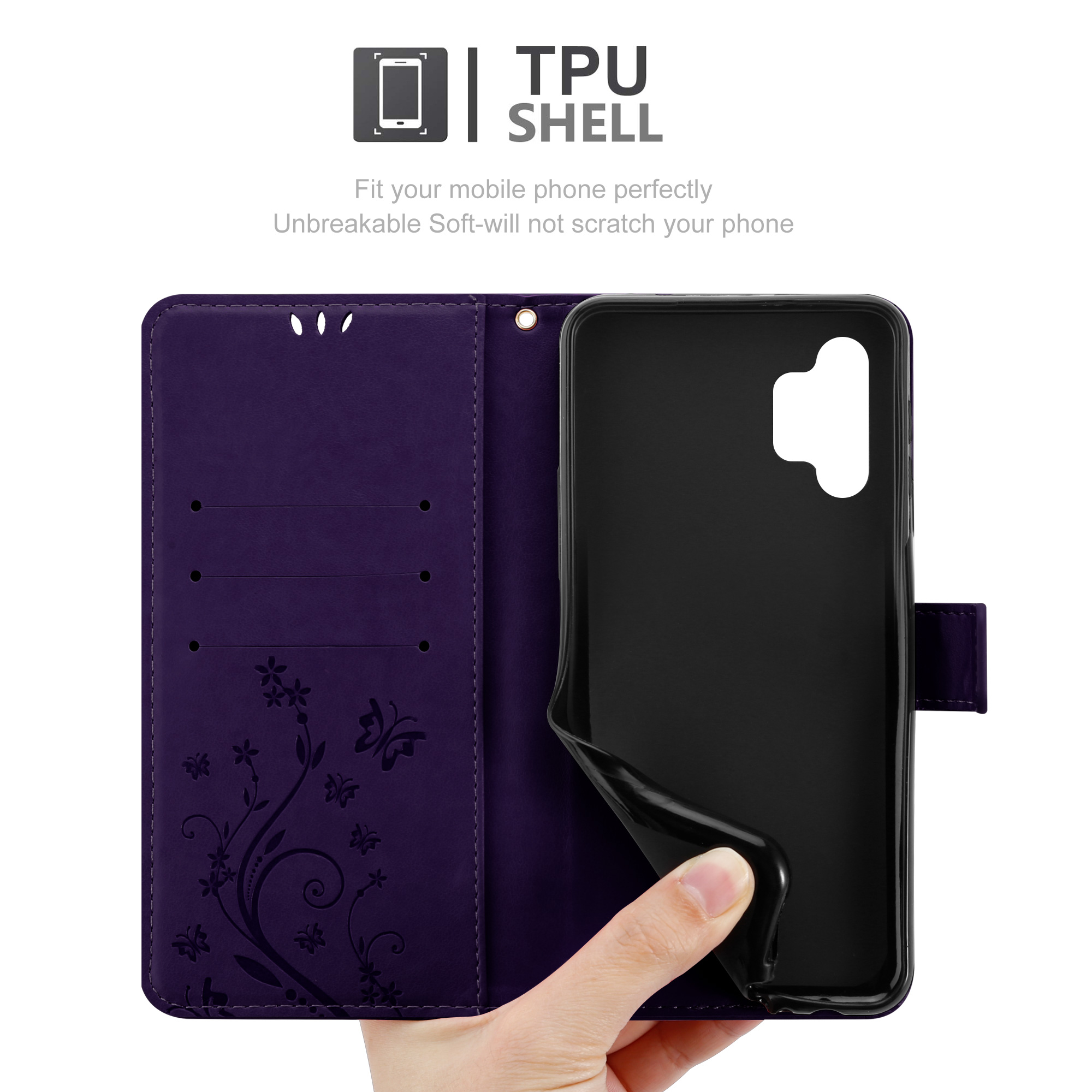 Custodia per telefono viola con un design floreale. Una mano tiene la scocca nera del telefono all'interno.