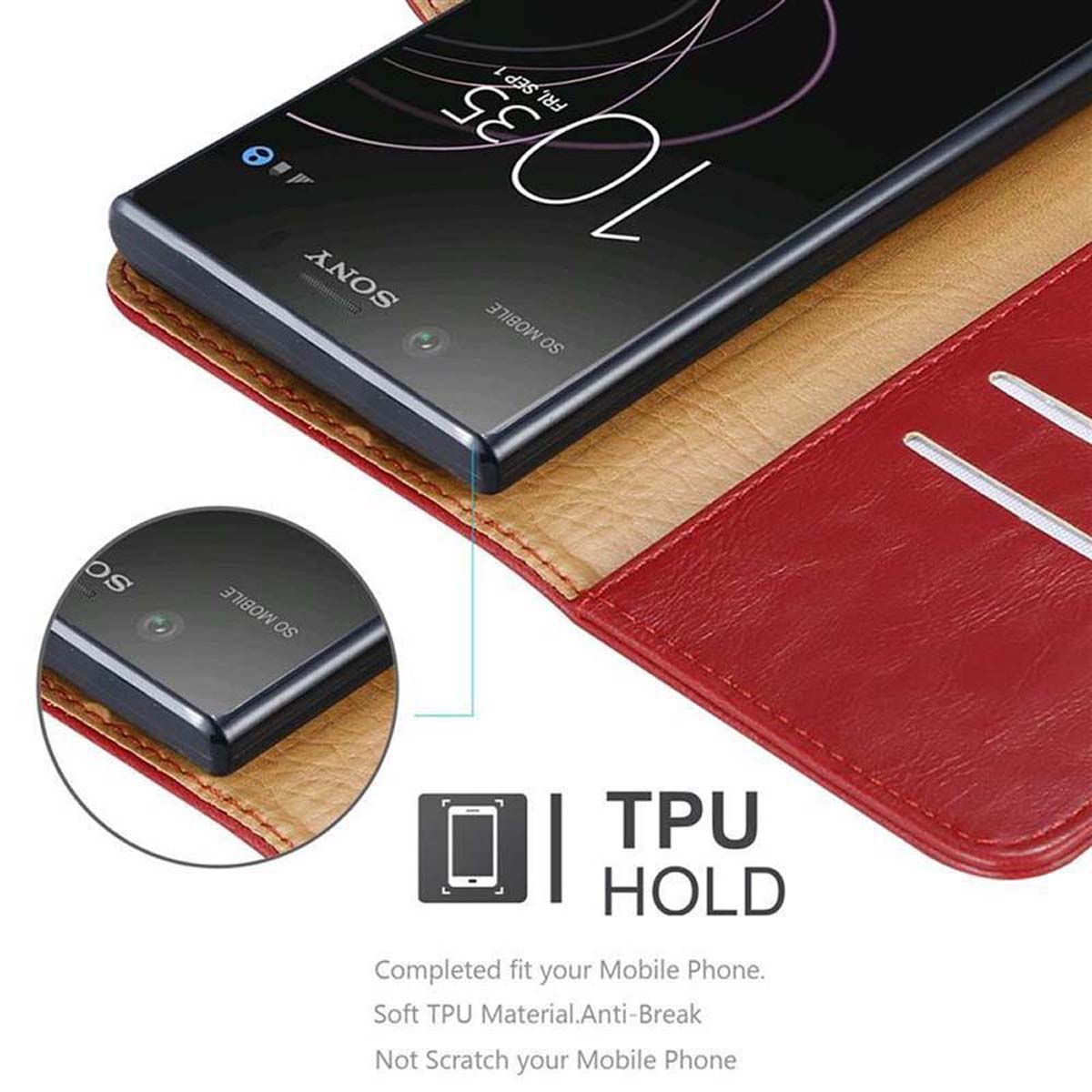 Primo piano di un telefono nero in una custodia rossa, con testo bianco 'TPU HOLD'.